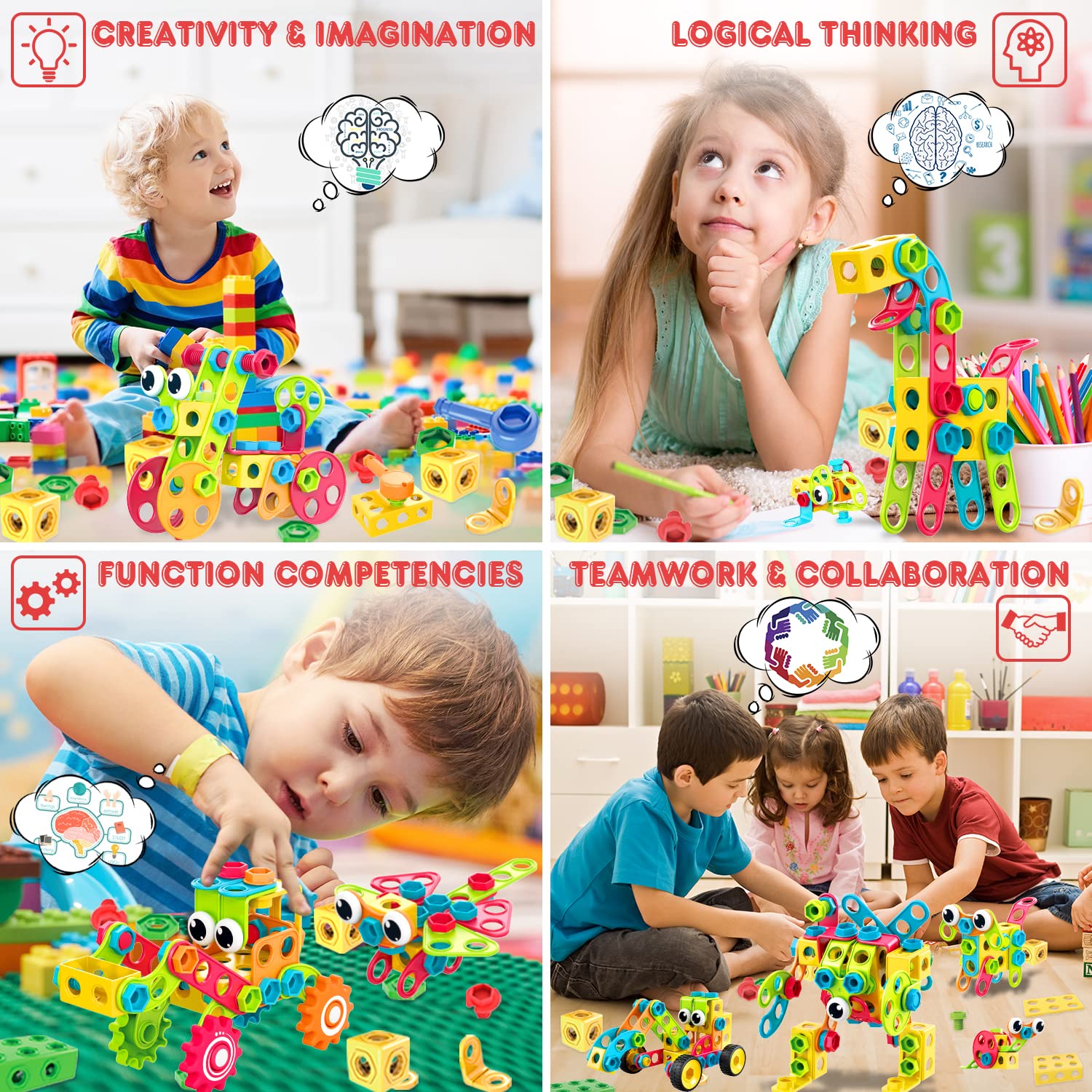 NXONE 195 PCS Educational STEM Toys for Boys and Girls Ages 3 4 5 6 7 8 9 10 Construction Building Blocks Toy Building Sets Kids Toys Creative