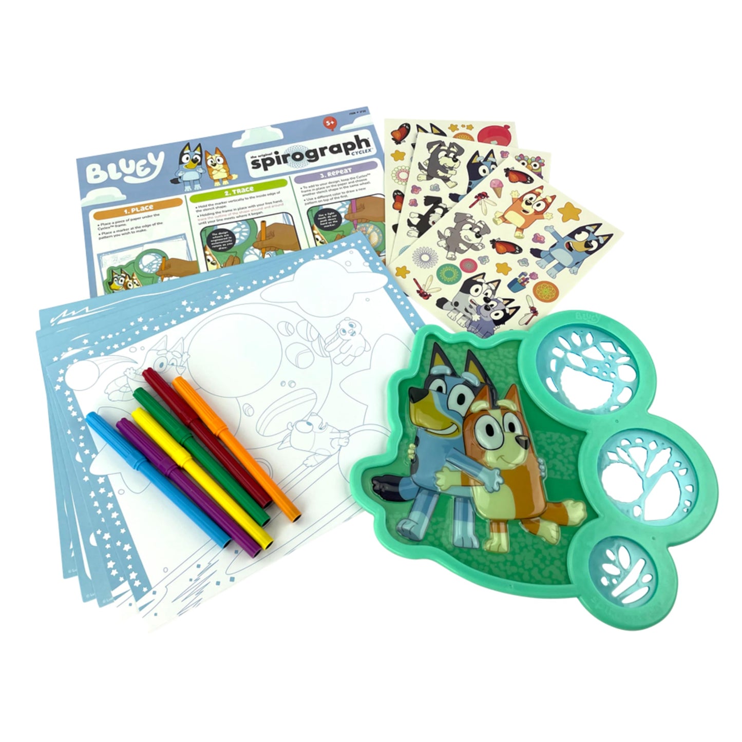 Spirograph Cyclex Set Bluey Drawing Kit, Arts and Crafts, Bluey Toys, Art Supplies, Stickers for Kids, Spiral Art, Markers, Design Sheet Included