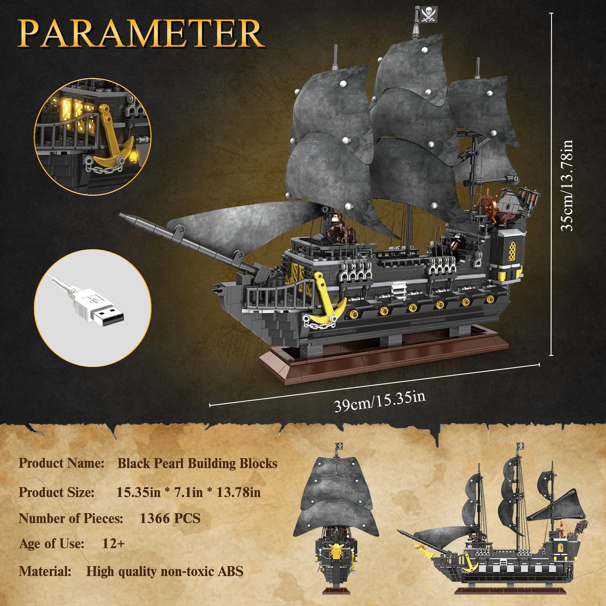 SSPATIOS Pirate Ship Building Block Model Kits, Advanced MOC Black Pearl Ship Building Set Toy, Christmas Birthday Building Set Gifts for Adults