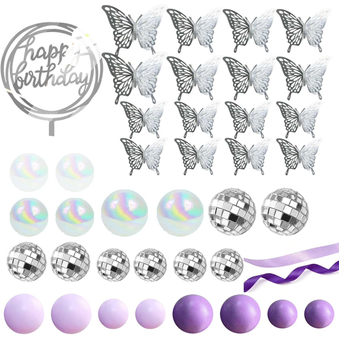 Disco Ball Cake Topper Purple and Transparent Pearl Balls Decorations with Silver Butterfly for 70s 80s Disco Dance Music Birthday Supplies