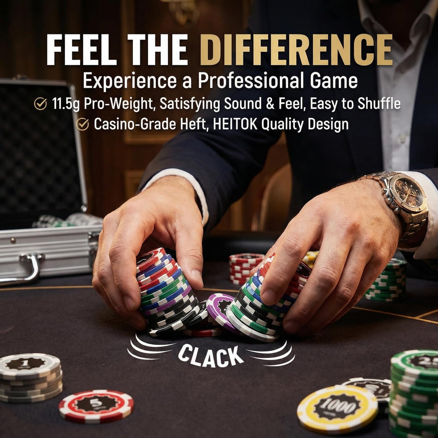 HEITOK Casino Poker Set with Numbered Chips 500-Piece for Card Board Game, 11.5g with Playing Cards Waterproof for Texas Hold'em, Blackjack Gambling