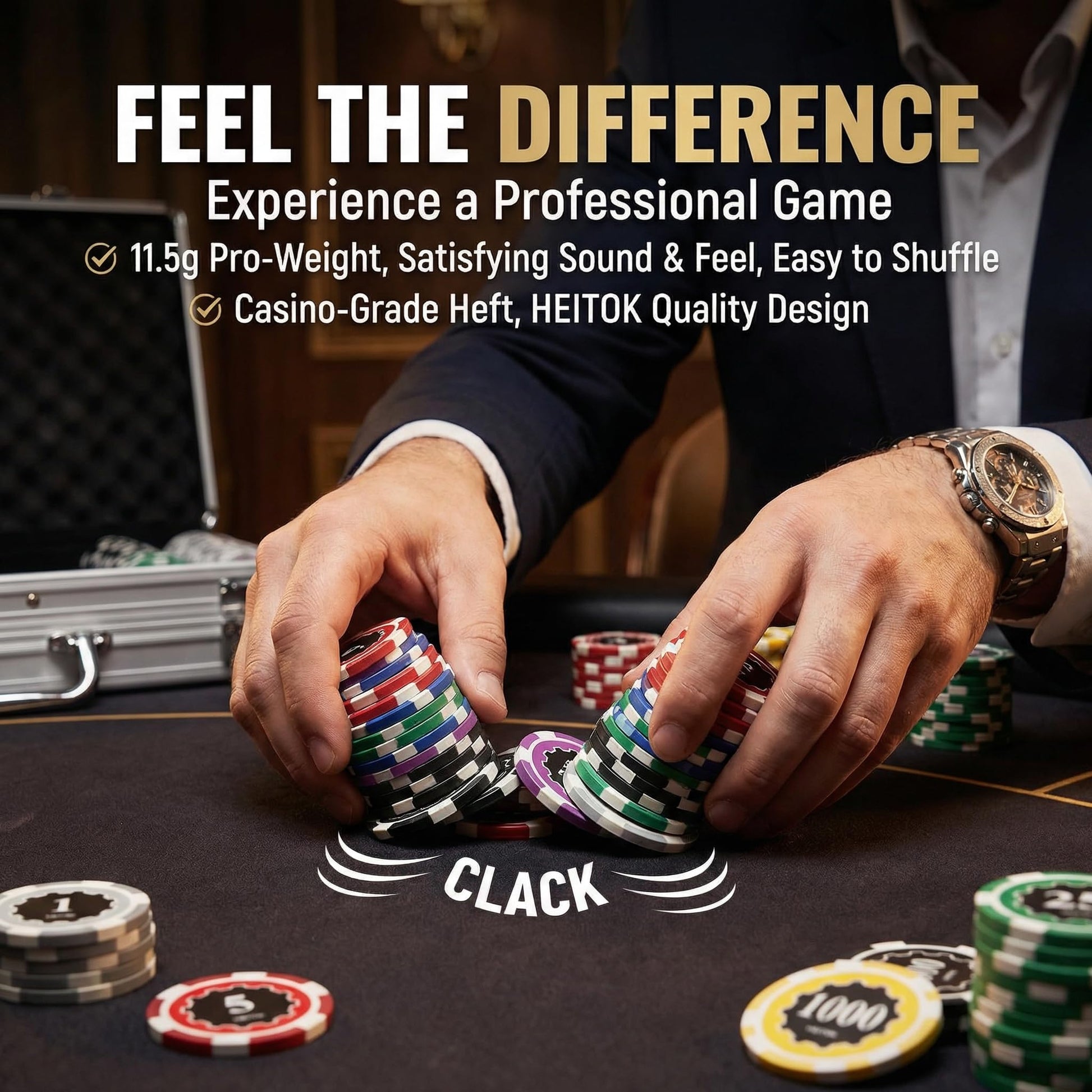 HEITOK Casino Poker Set with Numbered Chips 500-Piece for Card Board Game, 11.5g with Playing Cards Waterproof for Texas Hold'em, Blackjack Gambling