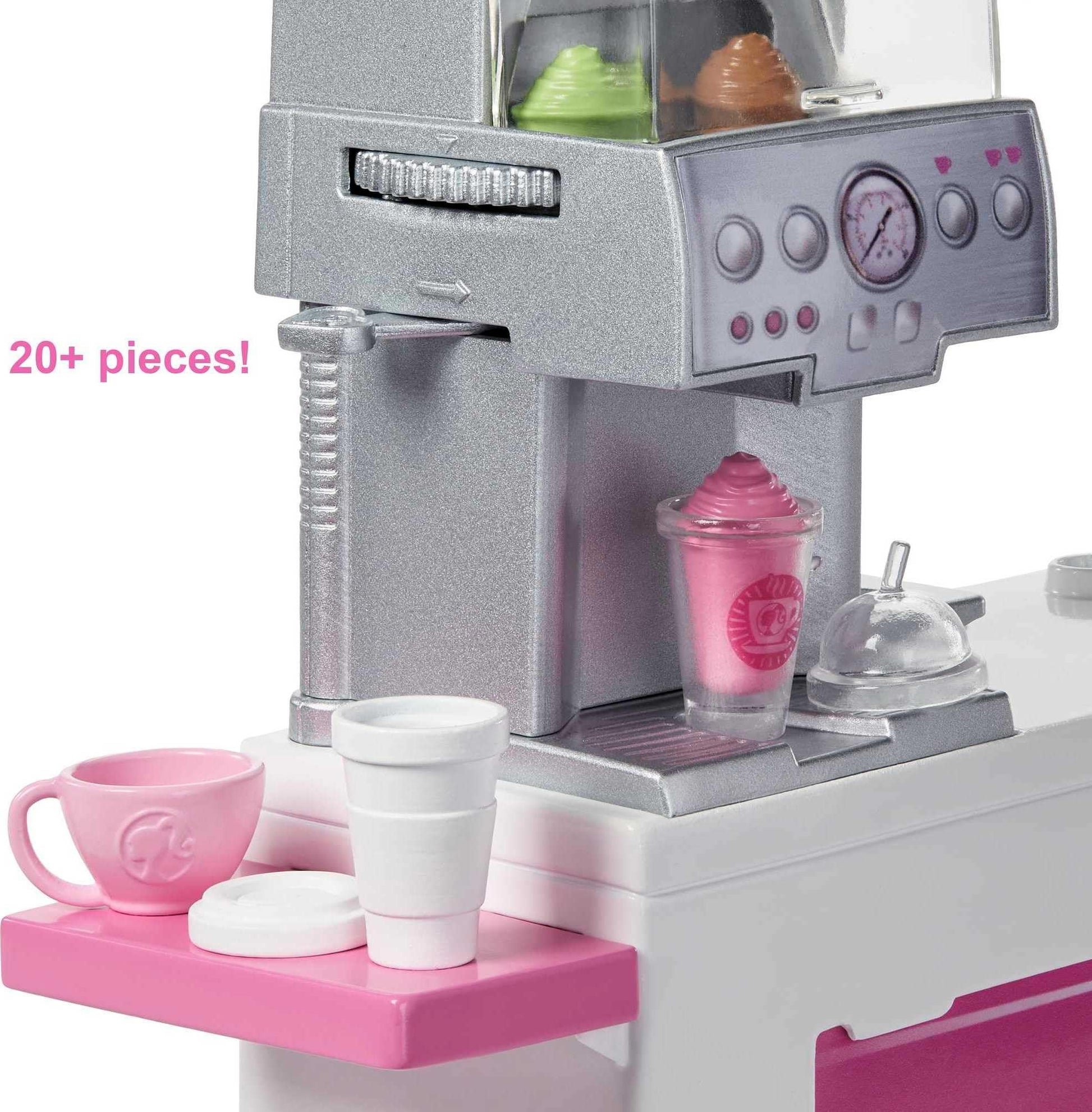 Barbie Coffee Shop with Blonde Curvy Doll and 20+ Realistic Play Pieces: Coffee Shop, Coffee-Smoothie Maker, Milk, Syrup, Coffee & Smoothie Cups &