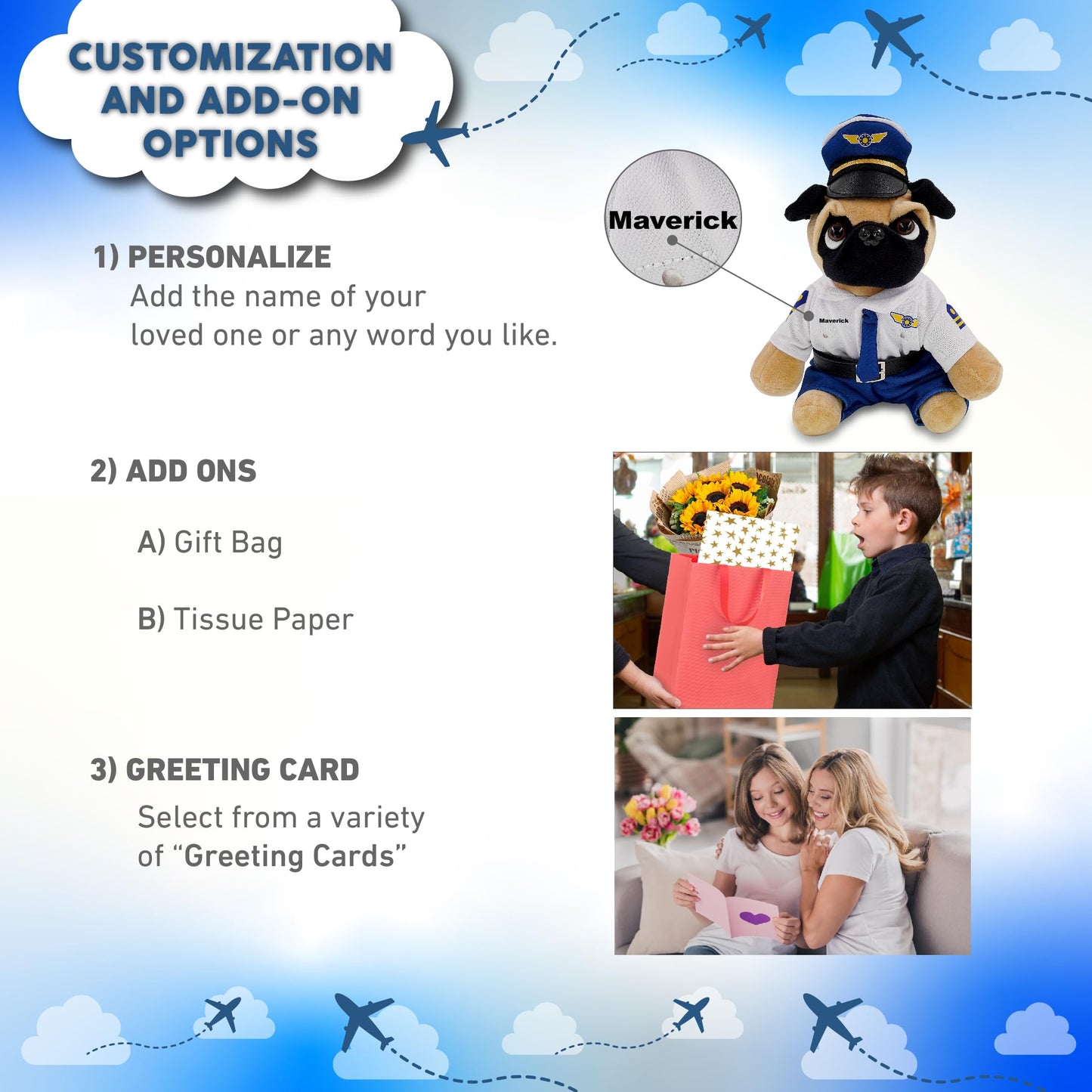DolliBu Pug Dog Stuffed Animal with Pilot Costume and Name Personalization - Cute Pet Plush Toy with Airplane Aviation Uniform Dress Up - 8 Inches