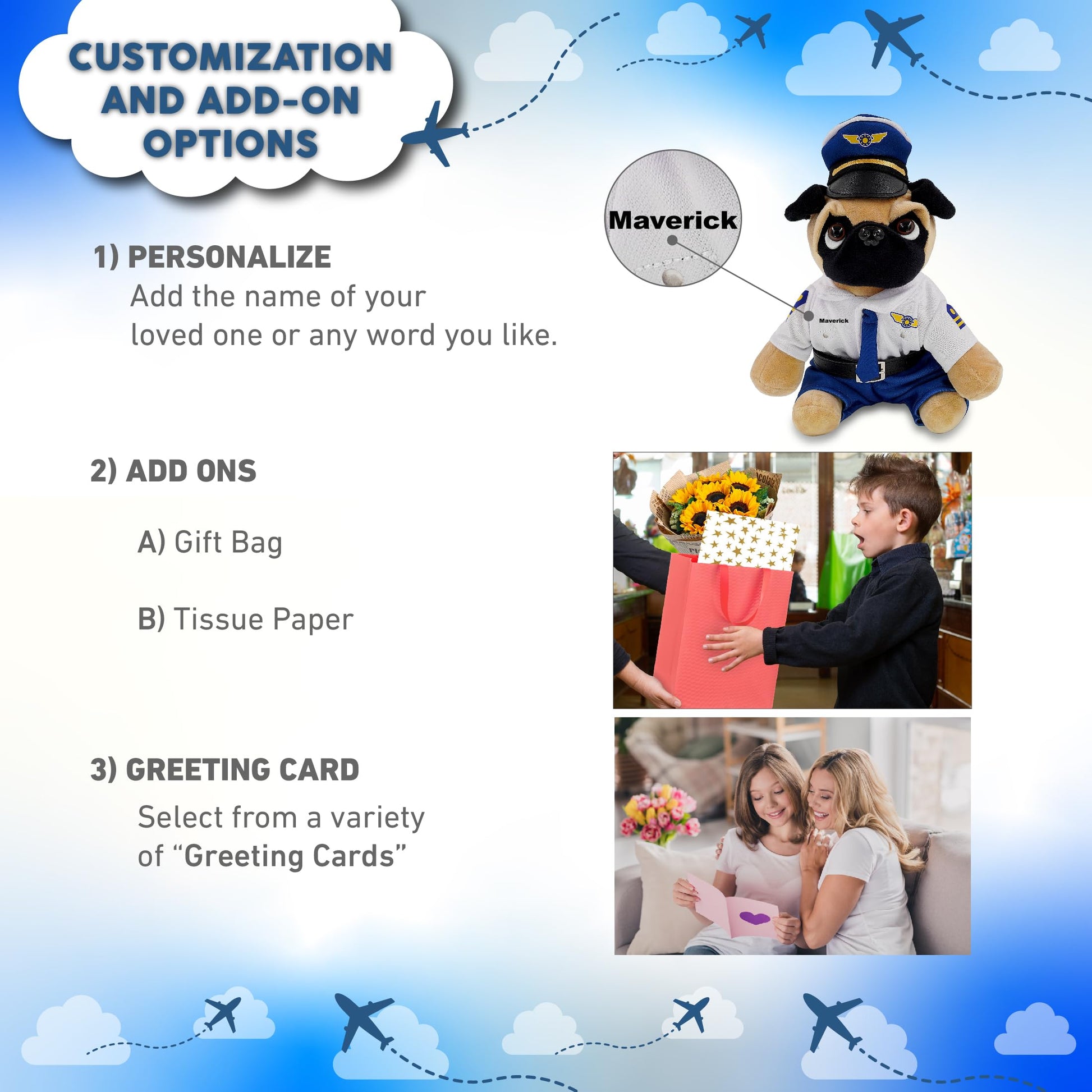 DolliBu Pug Dog Stuffed Animal with Pilot Costume and Name Personalization - Cute Pet Plush Toy with Airplane Aviation Uniform Dress Up - 8 Inches