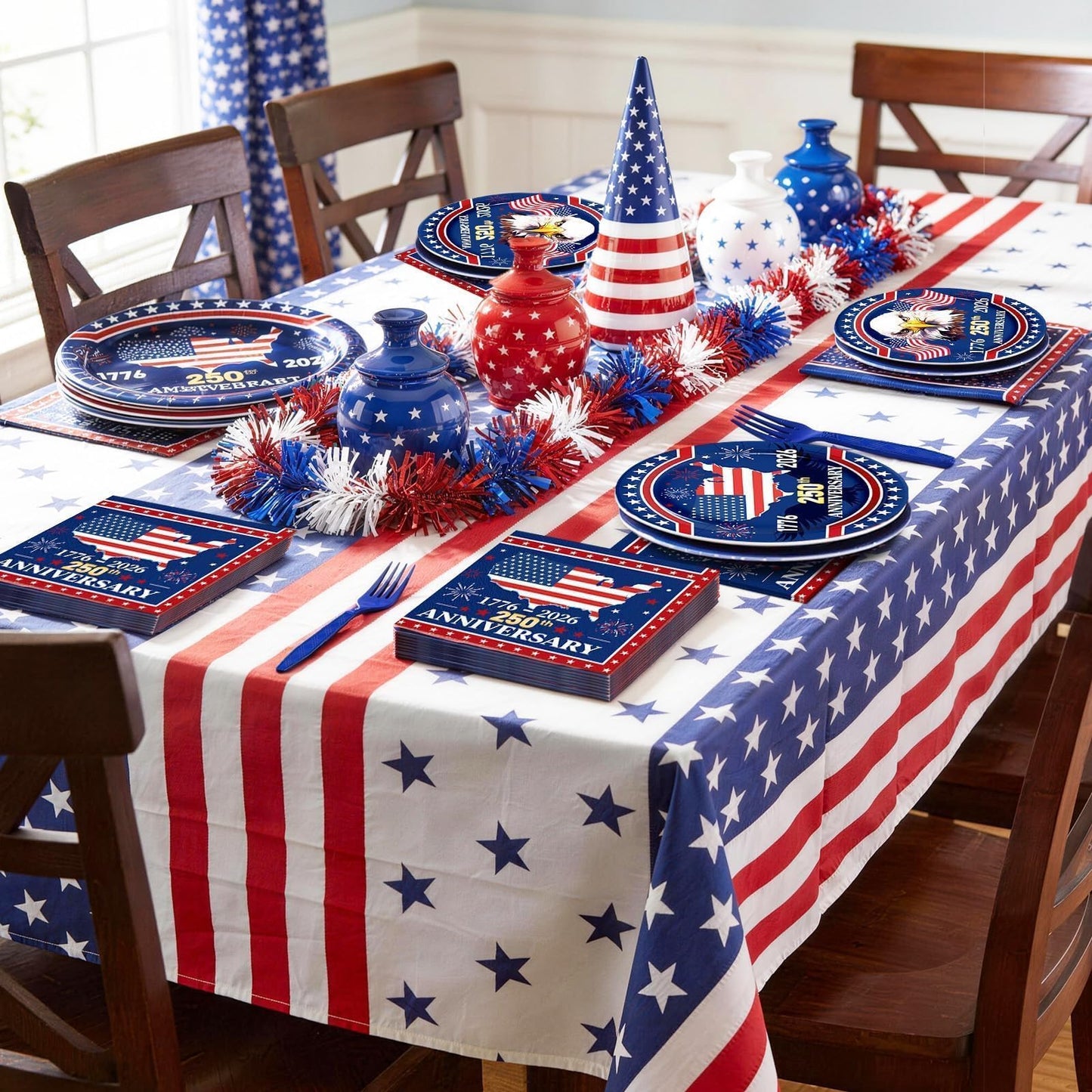 100 Pcs 250th Anniversary Party Supplies - Serves 25, Red White Blue Disposable Tableware, Includes Paper Plates, Napkins, Plastic Forks for 1776-2026