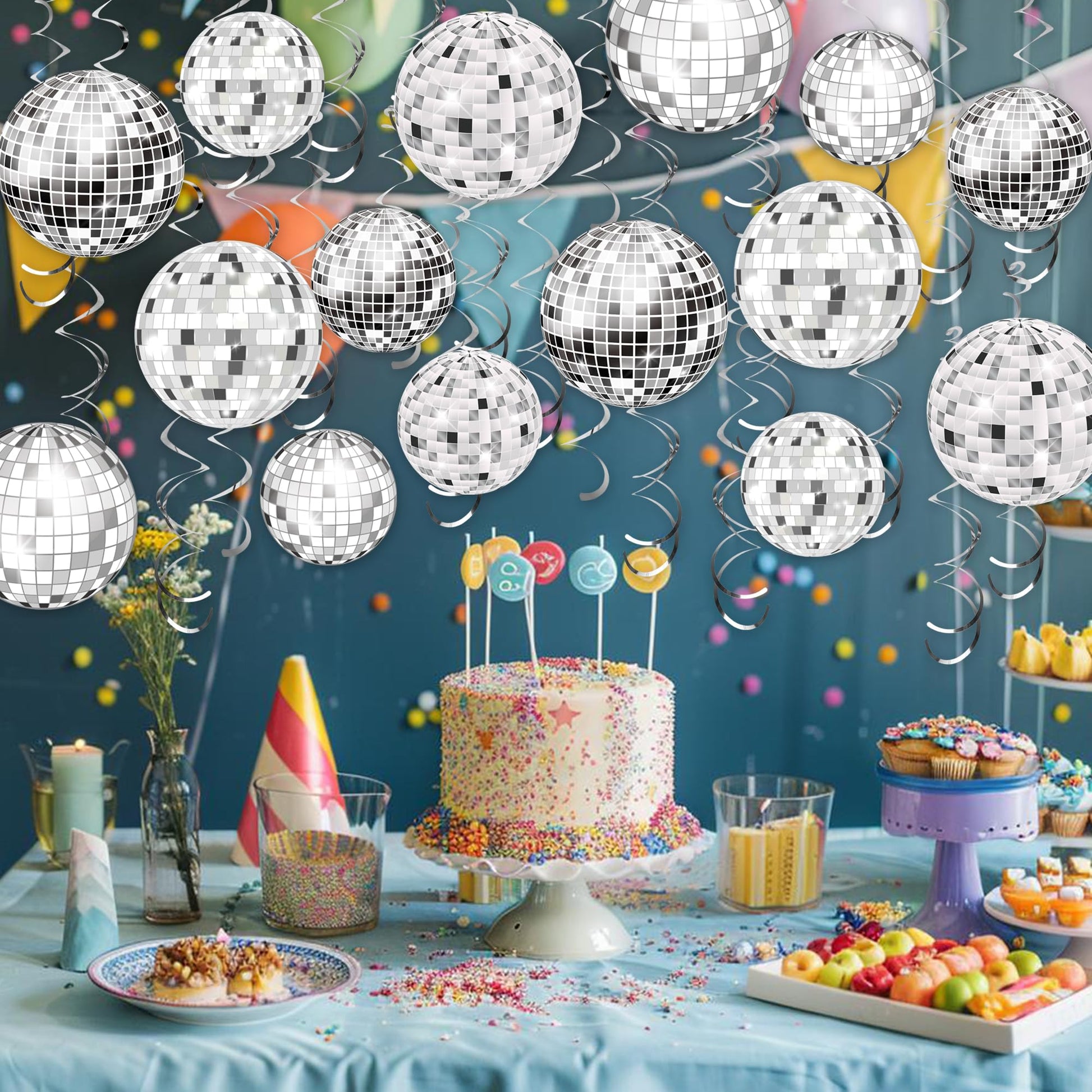 54 Pieces Disco Party Decorations Sliver Disco Ball Hanging Swirls 70s Ceiling Decor for 70s Fever Birthday Party Supplies