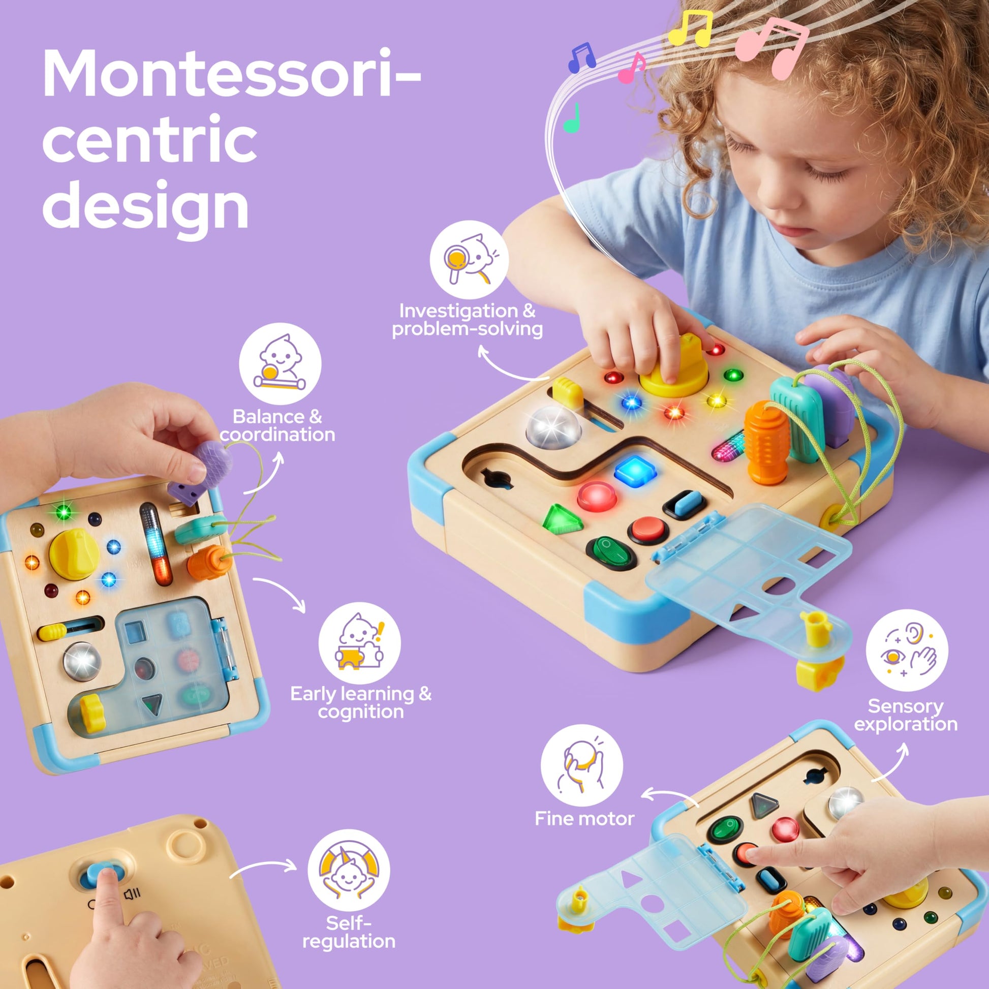 lalalark Busy Board with 15 LED Light - Montessori Learning Toddler Toy with 9 Sounds, 5 Switches & Plugs, Travel Toys Sensory Activity Board for 1 2