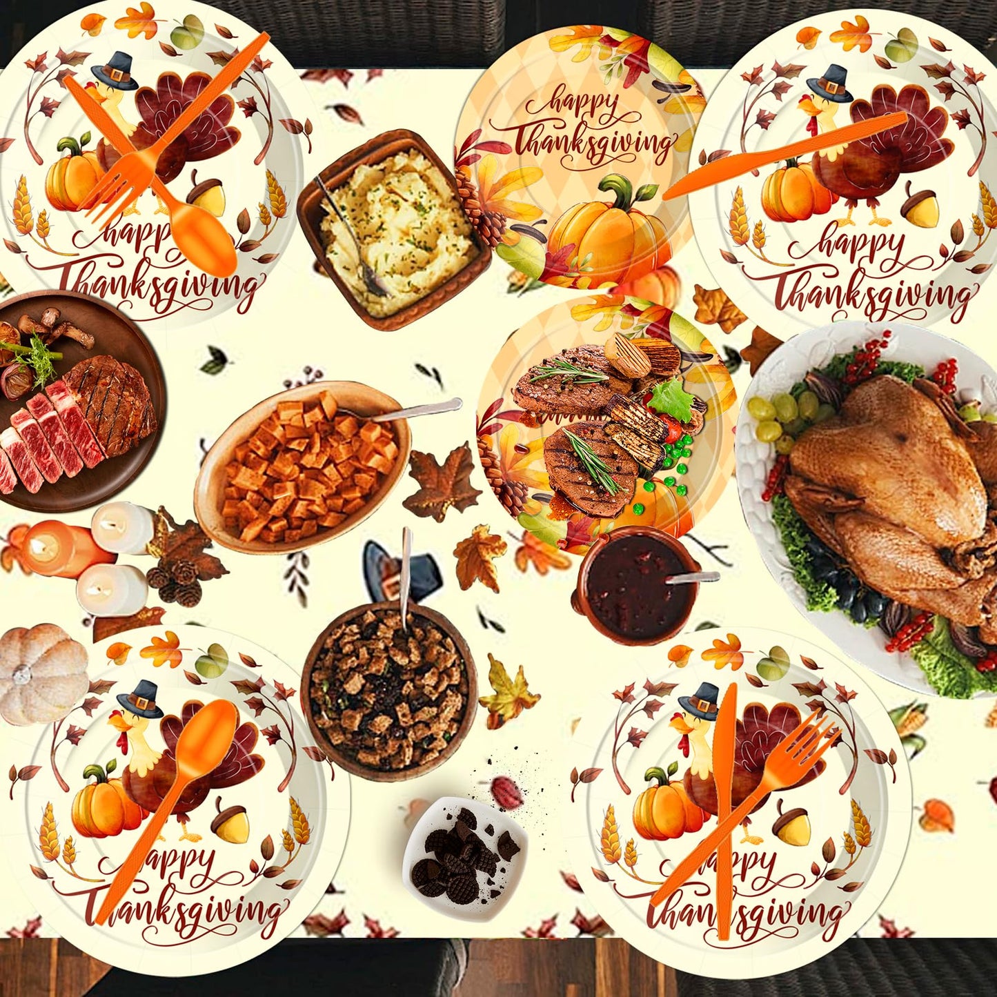 Sertokm 170PCS Fall Thanksgiving Party Plates and Napkins Set - Disposable Tableware with Banner, Pumpkin Tablecloth, Cups and Utensils