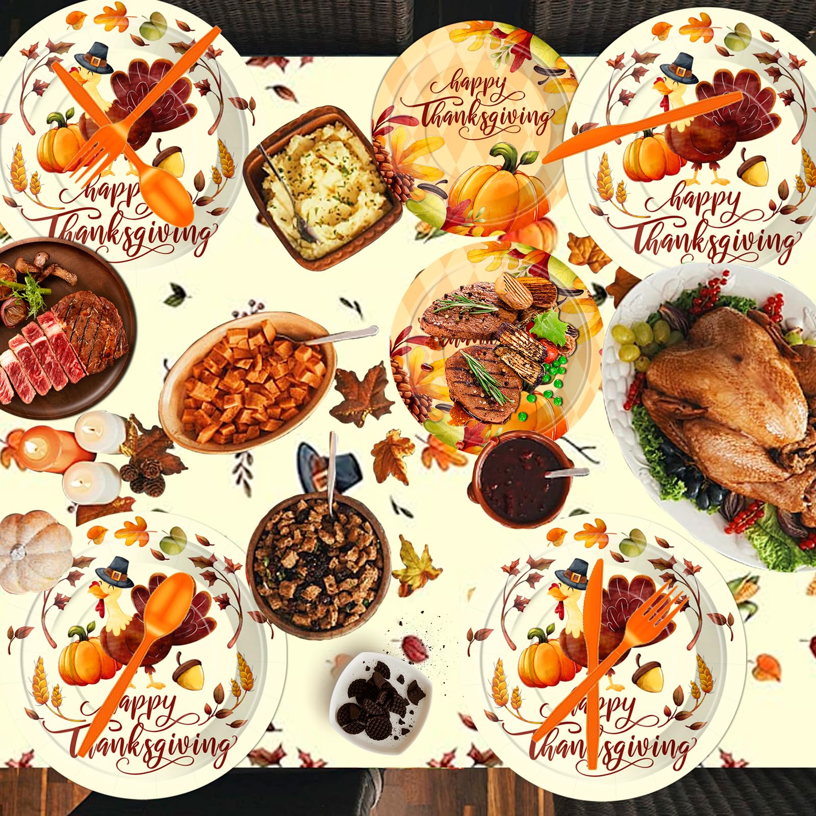 Sertokm 170PCS Fall Thanksgiving Party Plates and Napkins Set - Disposable Tableware with Banner, Pumpkin Tablecloth, Cups and Utensils