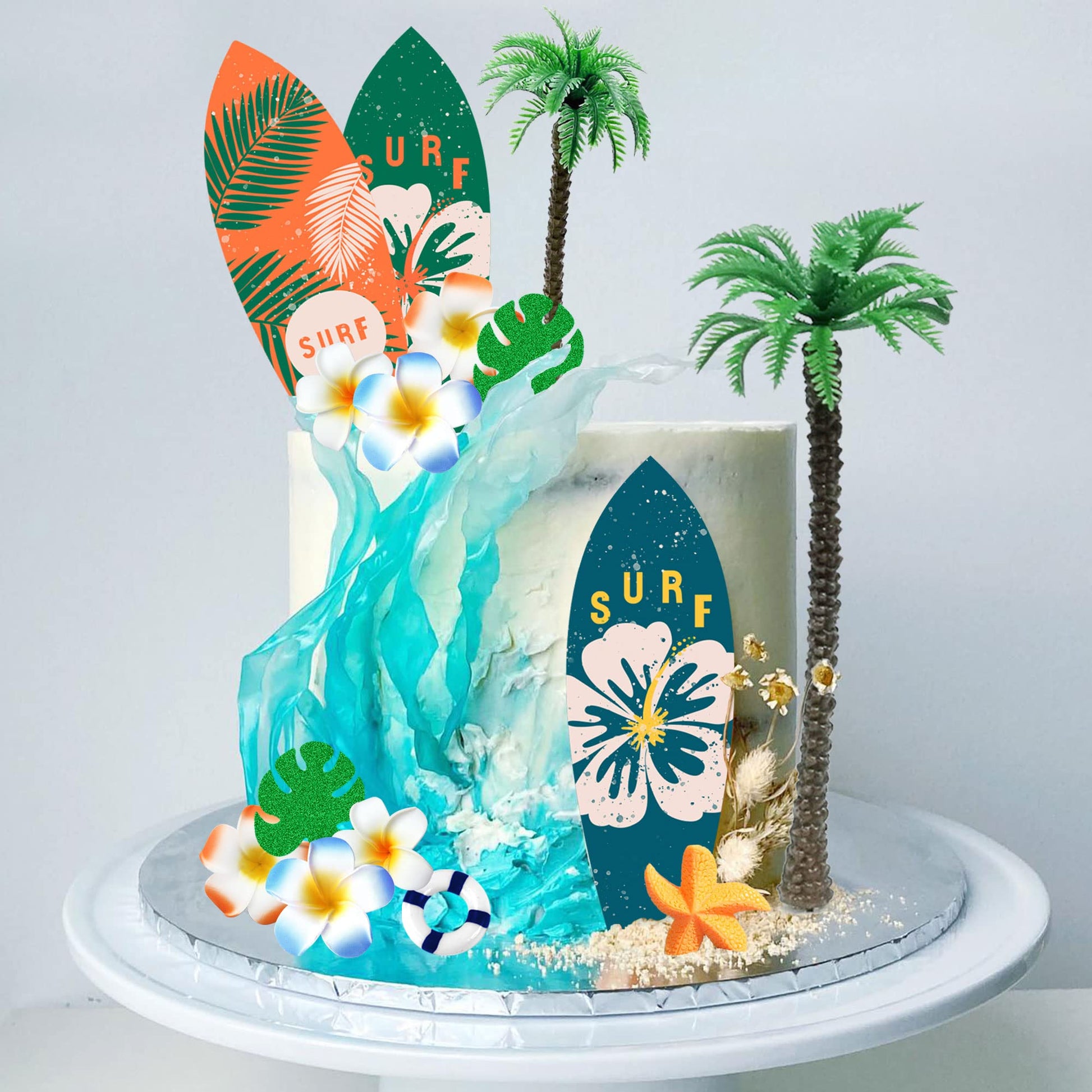 Summer Beach Happy Birthday Cake Topper Surfboard Palm Model Tree Umbrella Chair for Swimming Beach Luau Birthday (Surfboard)