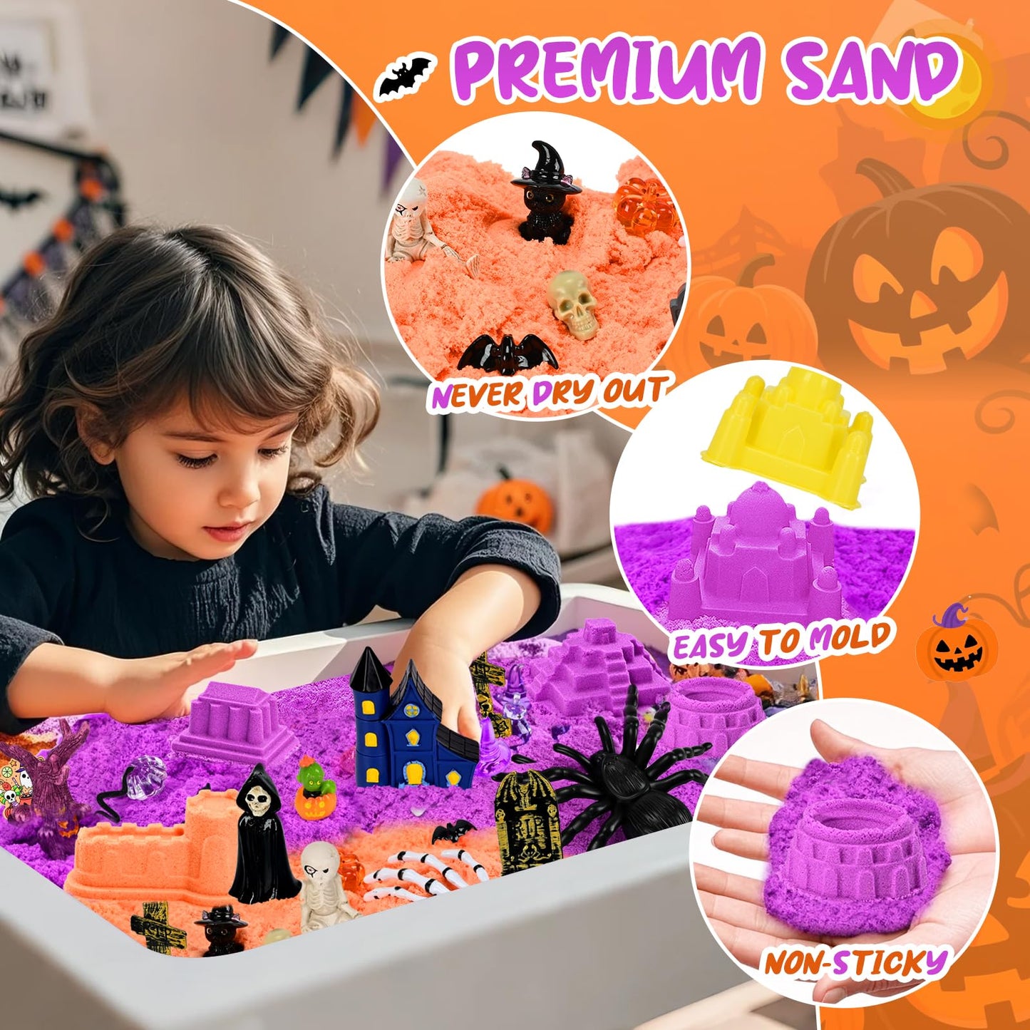 Halloween Sensory Bin Sandbox Set for Kids, Play Sand Art Kit with 2.2 lbs Magical Sand, Sandbox with Sensory Toys, Castle Moulds, for Toddlers, Girls