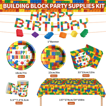 Building Block Birthday Party Supplies Colorful Building Block Party Decorations Includes Paper Plates Napkins Cups Banner Tablecloth for Boys Kid’s