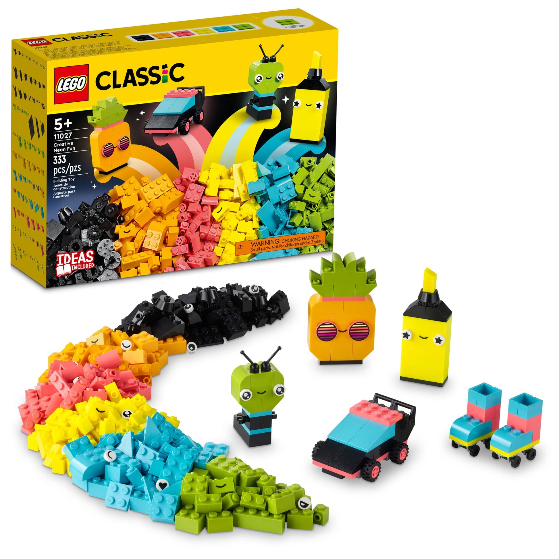 LEGO Classic Creative Neon Colors Fun Brick Box Set 11027, Building Toy to Create a Car, Pineapple, Alien, Roller Skates, and More, Hands-on Learning