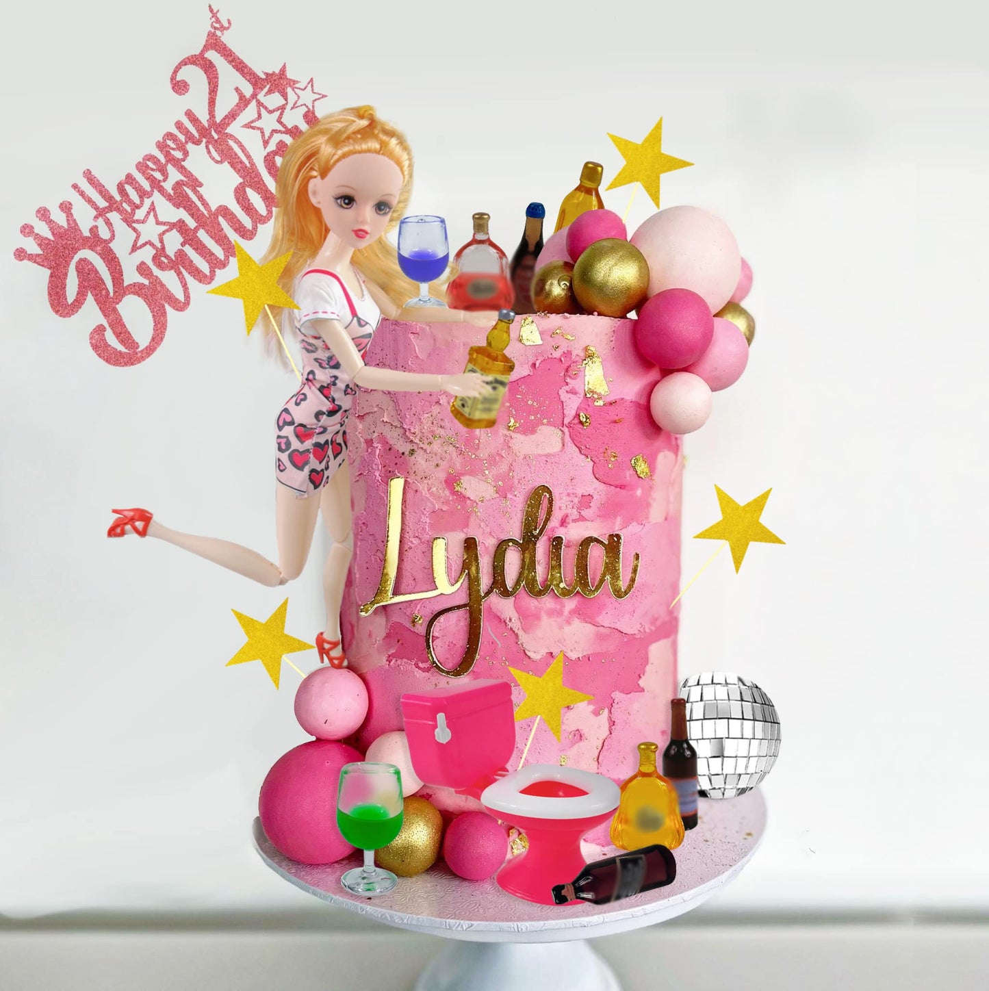 Mini Wine Bottles Cake Toppers with 12 Wine Bottles 5 Wine Glasses 1 Toilet 1 Beauty Doll 1 21st Birthday Cake Topper for Celebrating Birthday (Pink)
