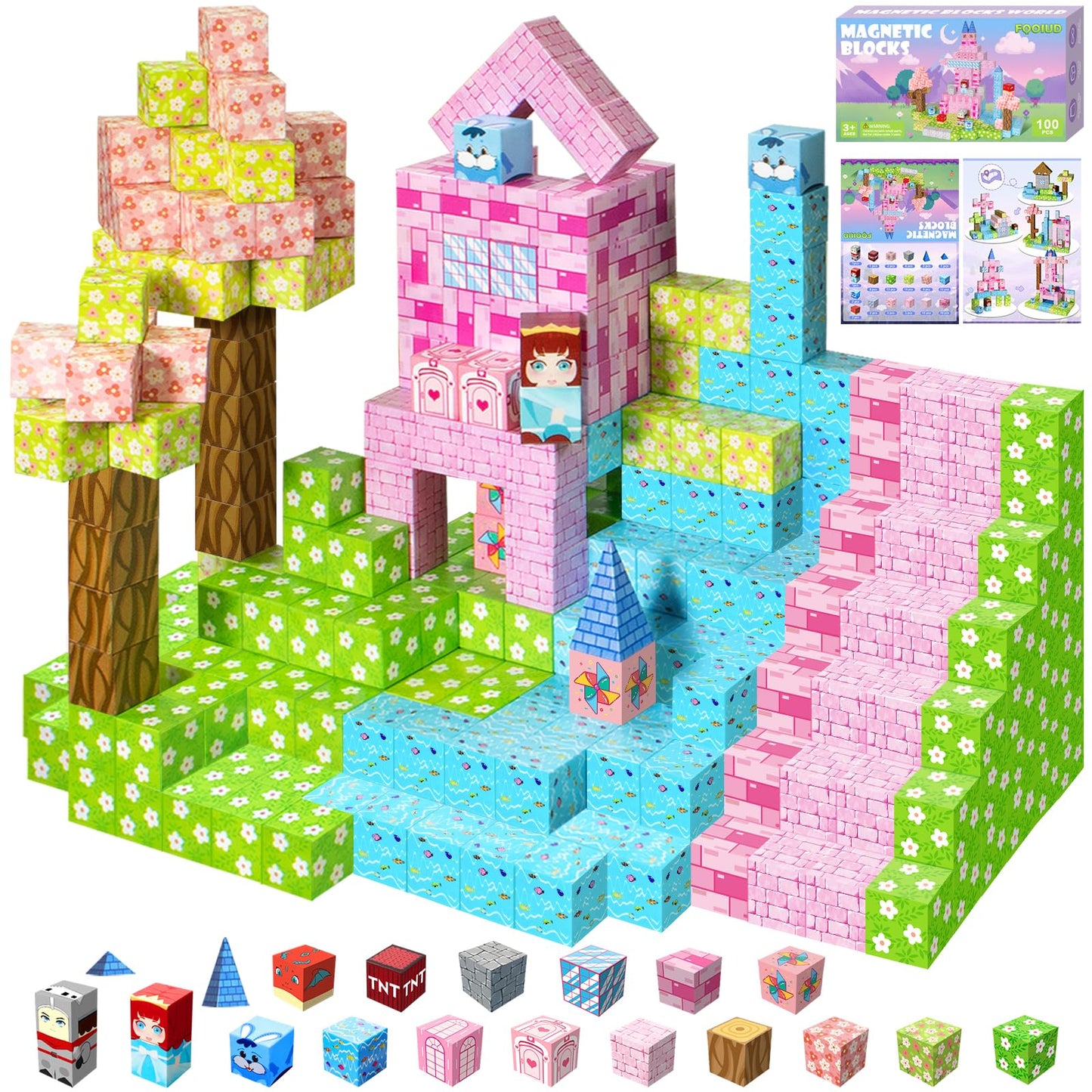 100PCS Magnetic Blocks, Magnetic Building Blocks, STEM Constructions Magnet Blocks for Boys Girls Age 3 4 5 6 7 8 9 10, Sensory Stacking Toy Christmas