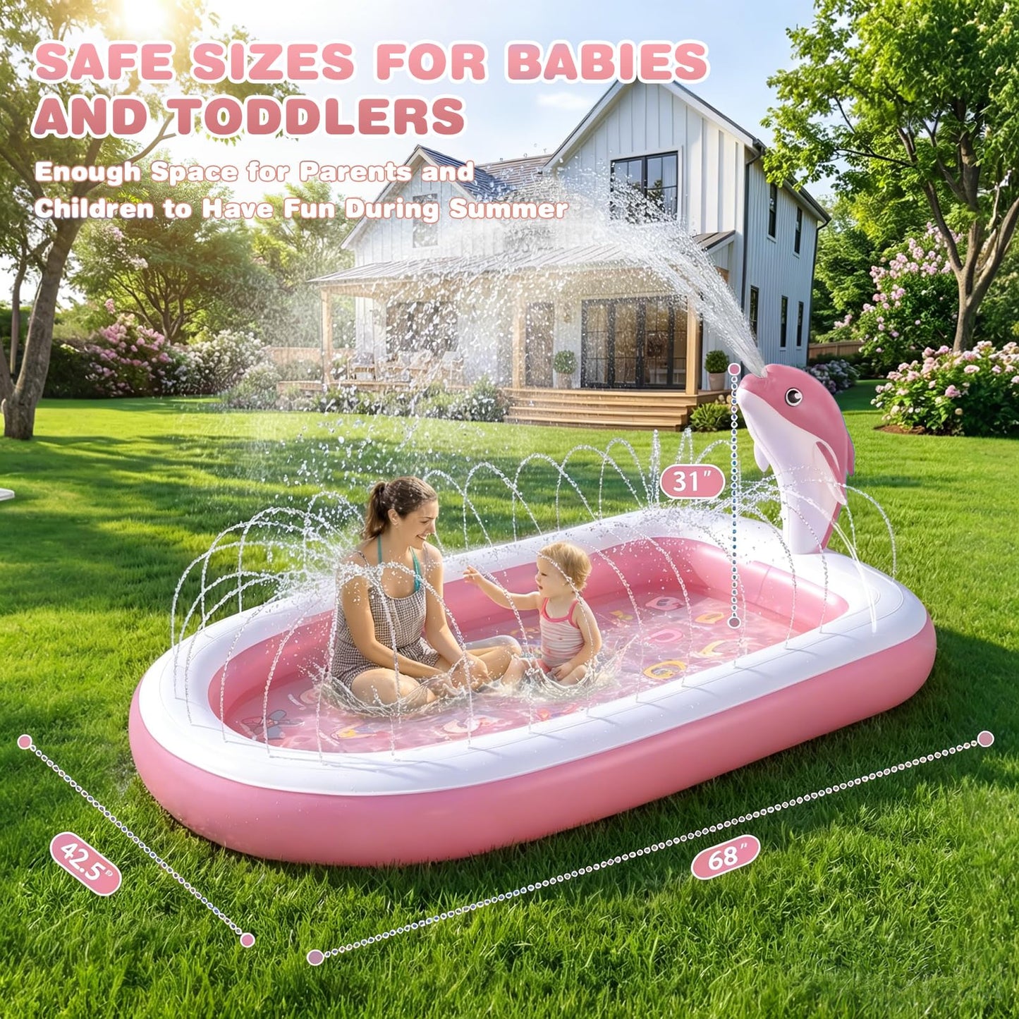 Splash Pads for Toddlers 1-3, Dolphin Toy Sprinkler for Kids, Outdoor Play Mat for Babies, 68" Backyard Inflatable Kiddie Pool, Splash Pad for Kids