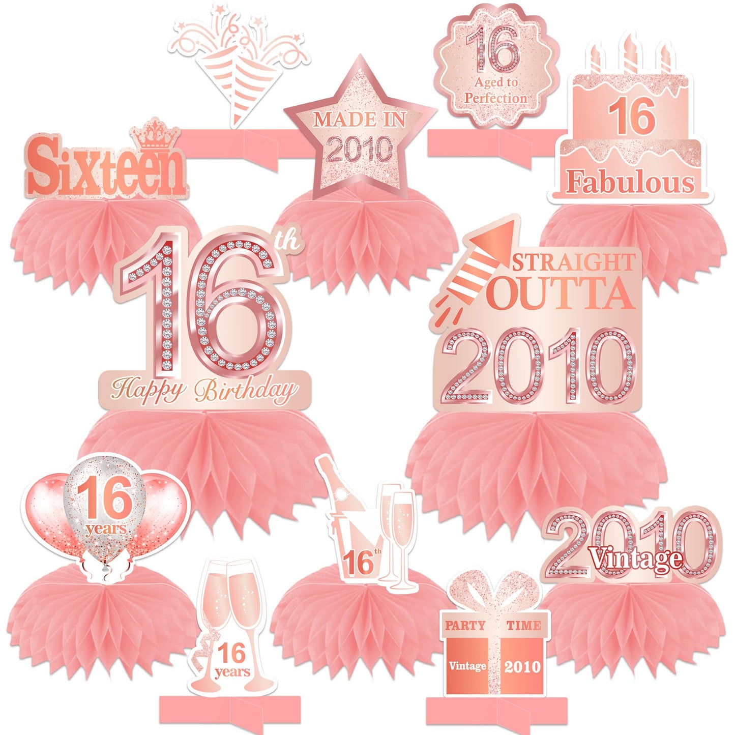 Happy 16th Birthday Rose Gold Table Honeycomb Centerpieces Balloons Theme Decor Table Decorations Table Toppers for Girls Women Sweet Princess 16