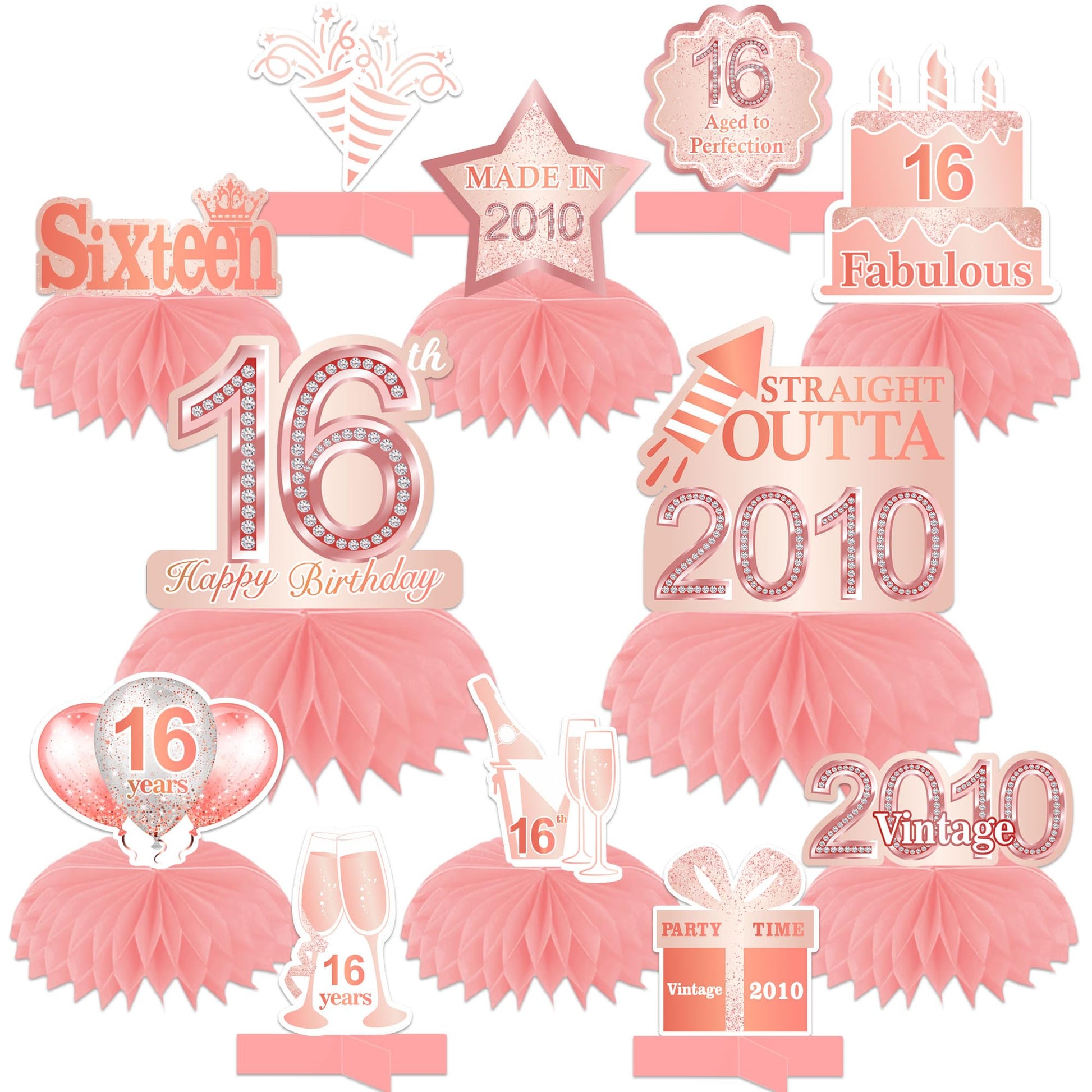 Happy 16th Birthday Rose Gold Table Honeycomb Centerpieces Balloons Theme Decor Table Decorations Table Toppers for Girls Women Sweet Princess 16
