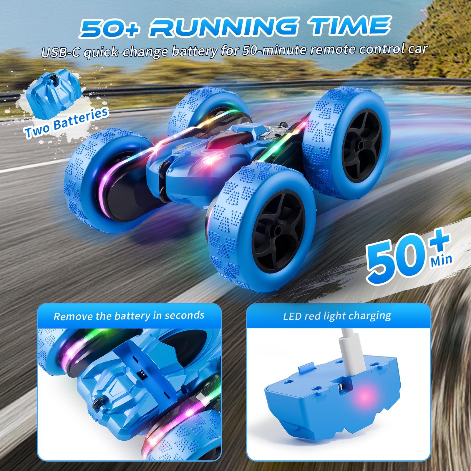 Zalneo Remote Control Stunt Car 4WD 360° Flip Double?Sided RC Cars, LED Light Bar, USB?C Modular Battery, 2.4 GHz Outdoor Beach Toy for Boys 6?12