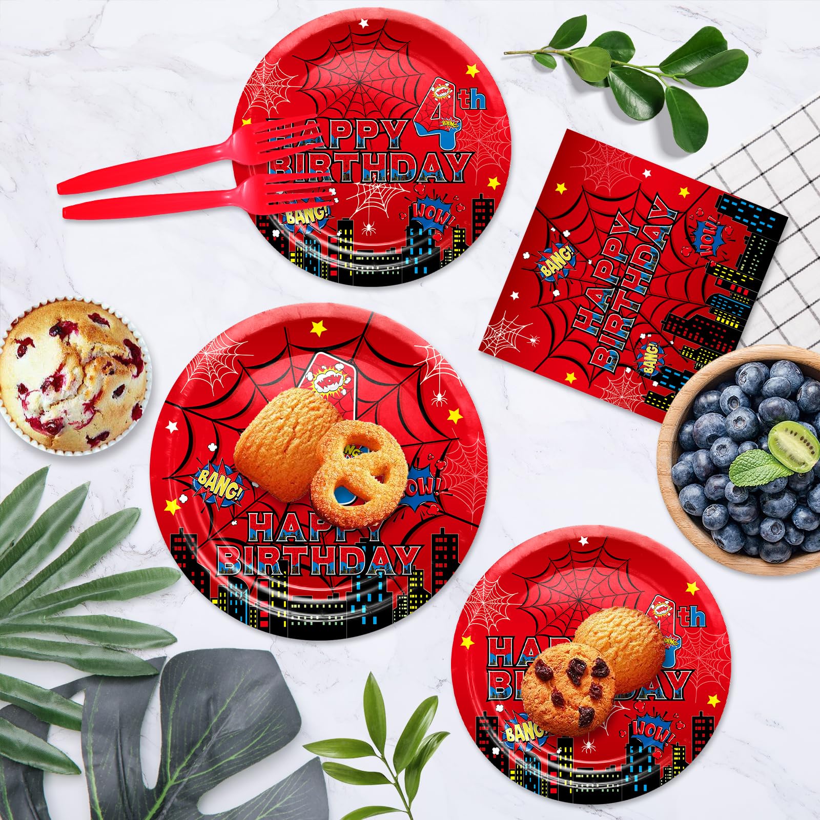 Red Spider 4th Birthday Party Supplies, Spider Web Birthday Plates Set Include Paper Plates, Napkins, Forks for Spider Themed Party Favors