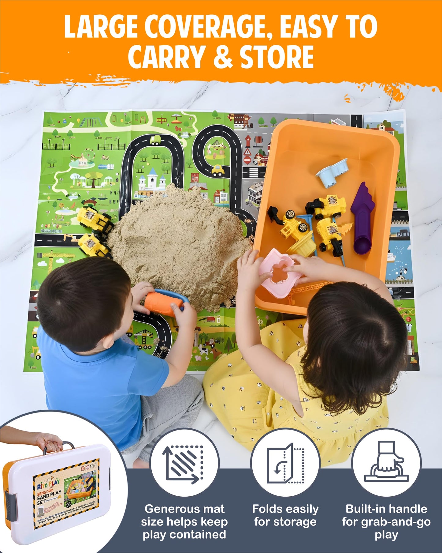 Riyo Play Construction Sensory Bin for Toddlers, 2-in-1 Play Mat, Ages 3+