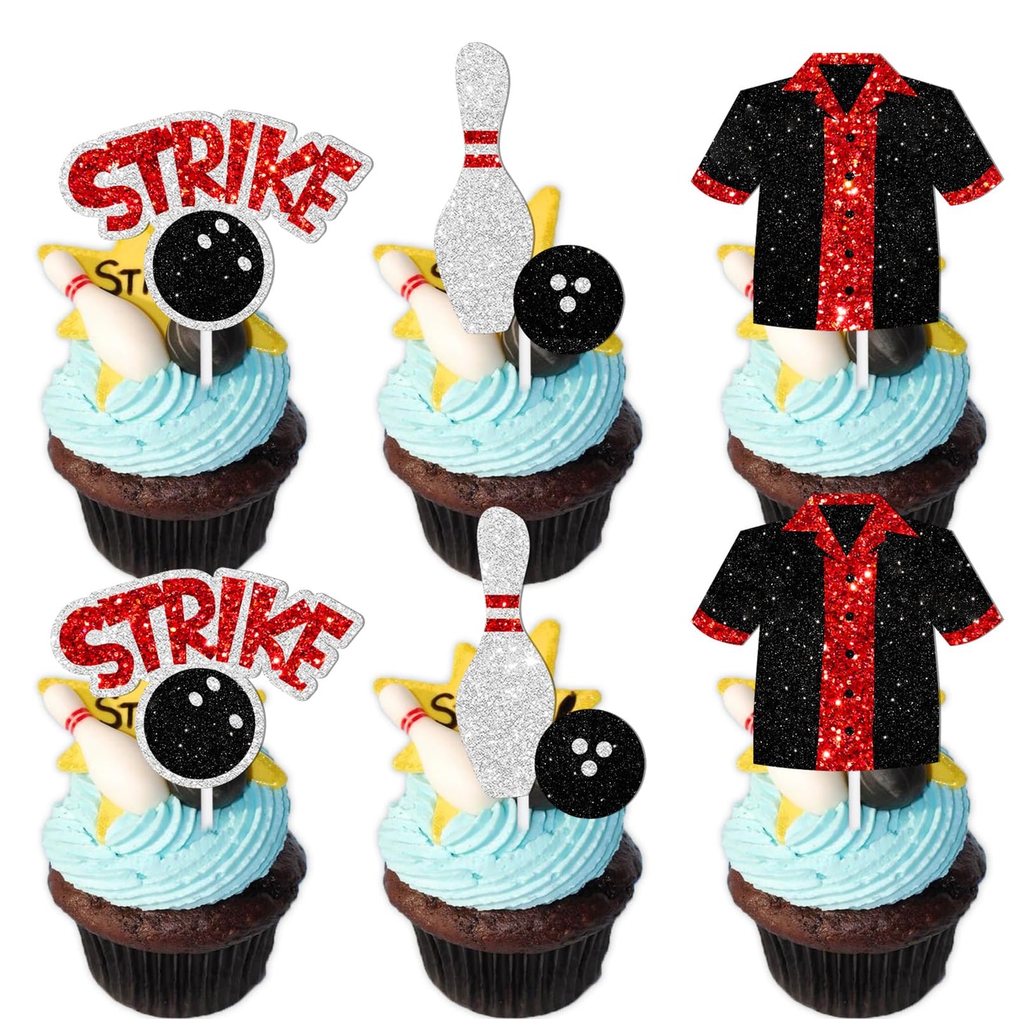 18pcs Black Glitter Bowling Dessert Cupcake Topper Bowling Strike Entertainment Theme Decor Supplies Baby Shower Boys Girls Happy Birthday Party