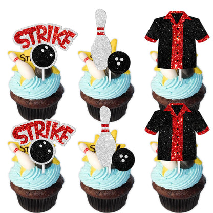 18pcs Black Glitter Bowling Dessert Cupcake Topper Bowling Strike Entertainment Theme Decor Supplies Baby Shower Boys Girls Happy Birthday Party