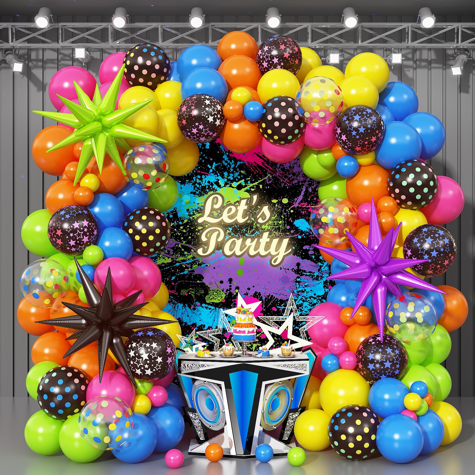 90s 80s Neon Balloon Arch Kit, 152pcs Disco Theme Party Decorations with Foil Star UV Neon Luminous Fluorescent Balloons for Back to 90s 80s Hip