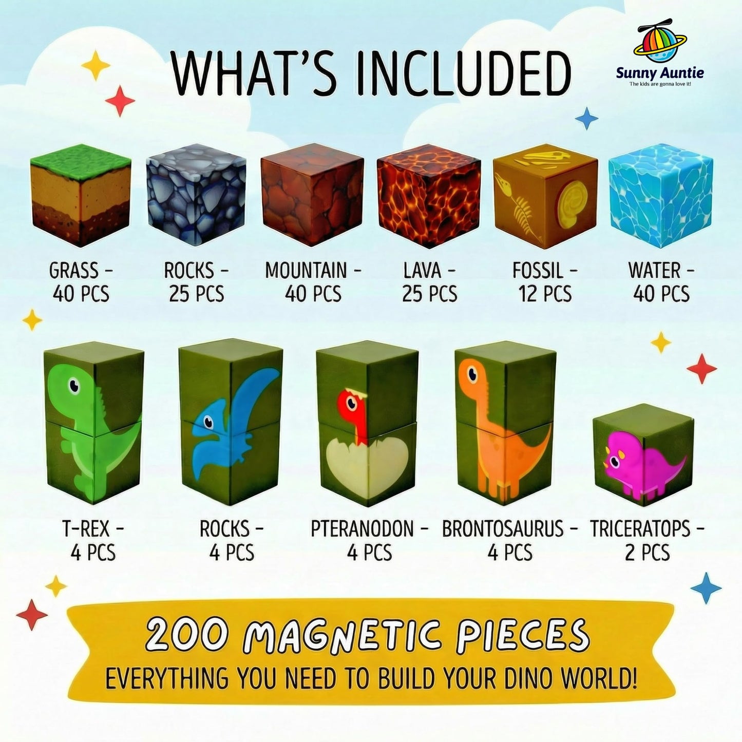 SUNNY AUNTIE 200PCS Dinosaur Magnetic Building Blocks Set - 3D STEM Construction Toy for Kids 3+, Compatible Magnetic Blocks Gift for Boys & Girls