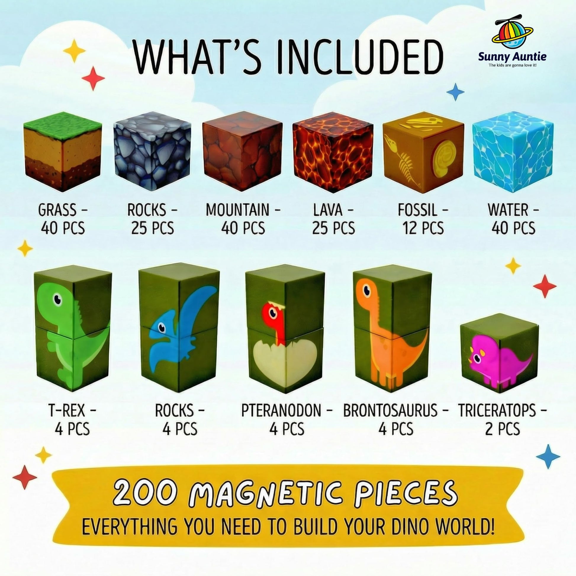 SUNNY AUNTIE 200PCS Dinosaur Magnetic Building Blocks Set - 3D STEM Construction Toy for Kids 3+, Compatible Magnetic Blocks Gift for Boys & Girls