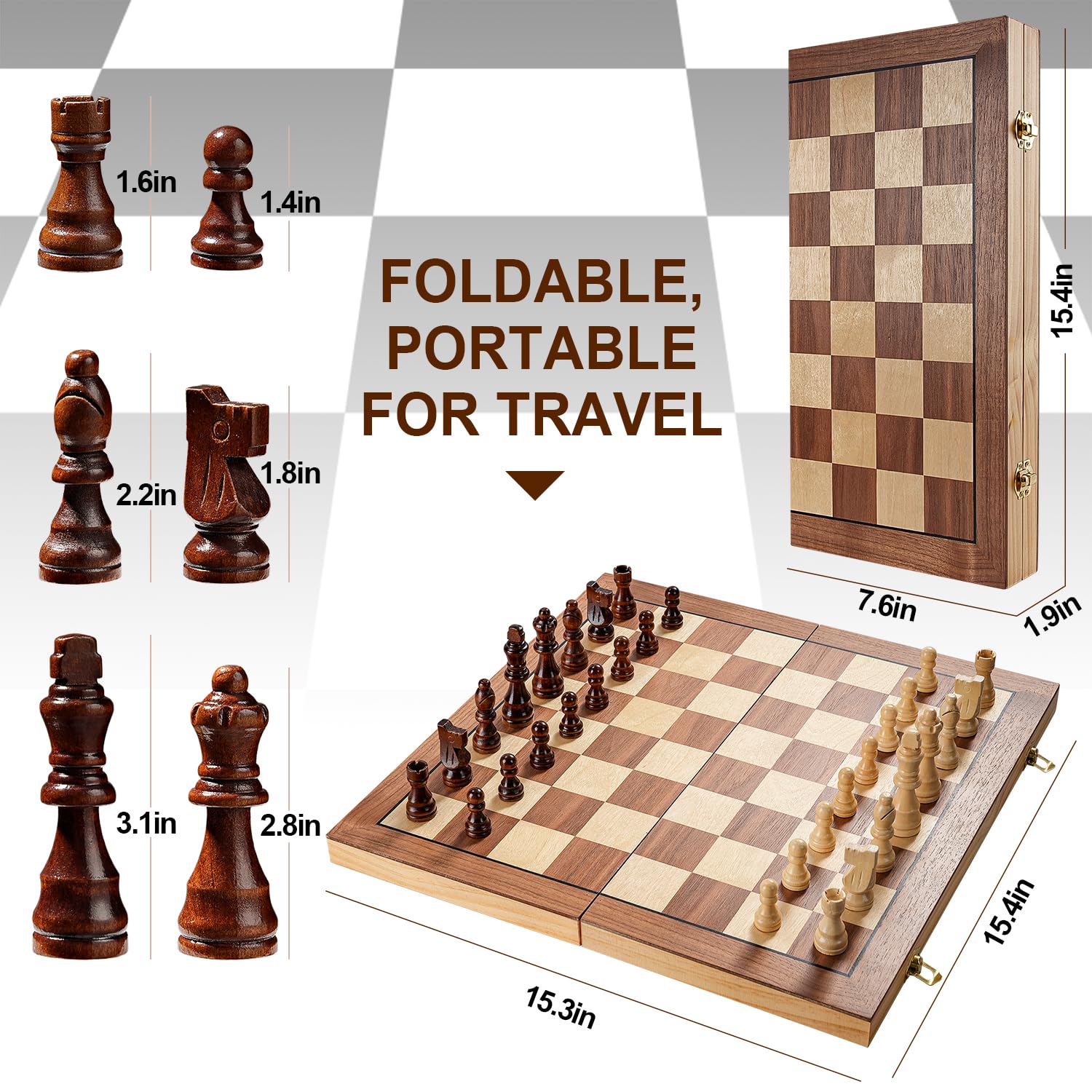 Magnetic Chess Set for Adults & Kids, 15.4 inch Wooden Folding Chess Boards, Handcrafted Portable Travel Chess Game with Pieces Storage Slots, 2 Extra