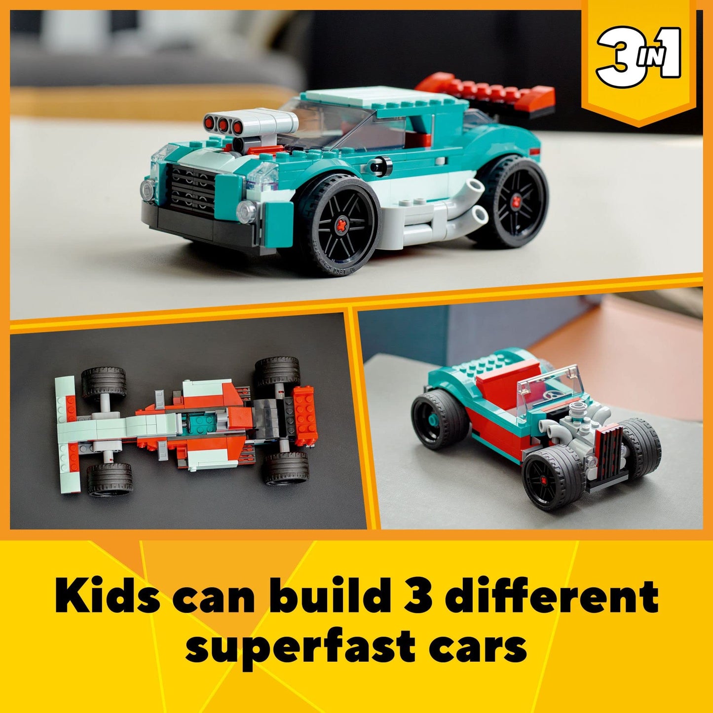 LEGO Creator 3 in 1 Street Racer Car, Rebuildable Kit Transforms to a Muscle Car, Hot Rod, or Race Car Toy, Great Model Car Toy Gift for Boys and
