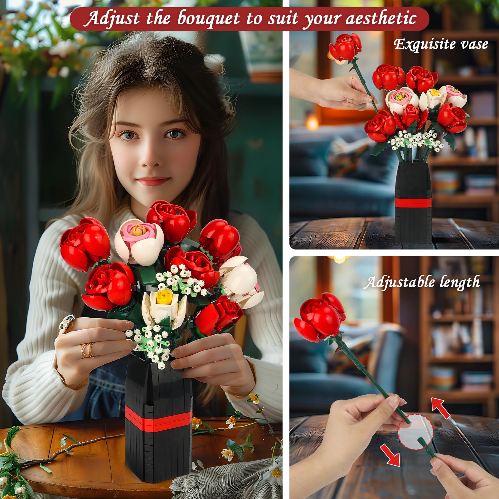 Roses Flower Bouquet Building Set, Red Rose Botanical Collection Kit with Vase for Adults Women, DIY Artificial Flower Bouquet Set for Home Office