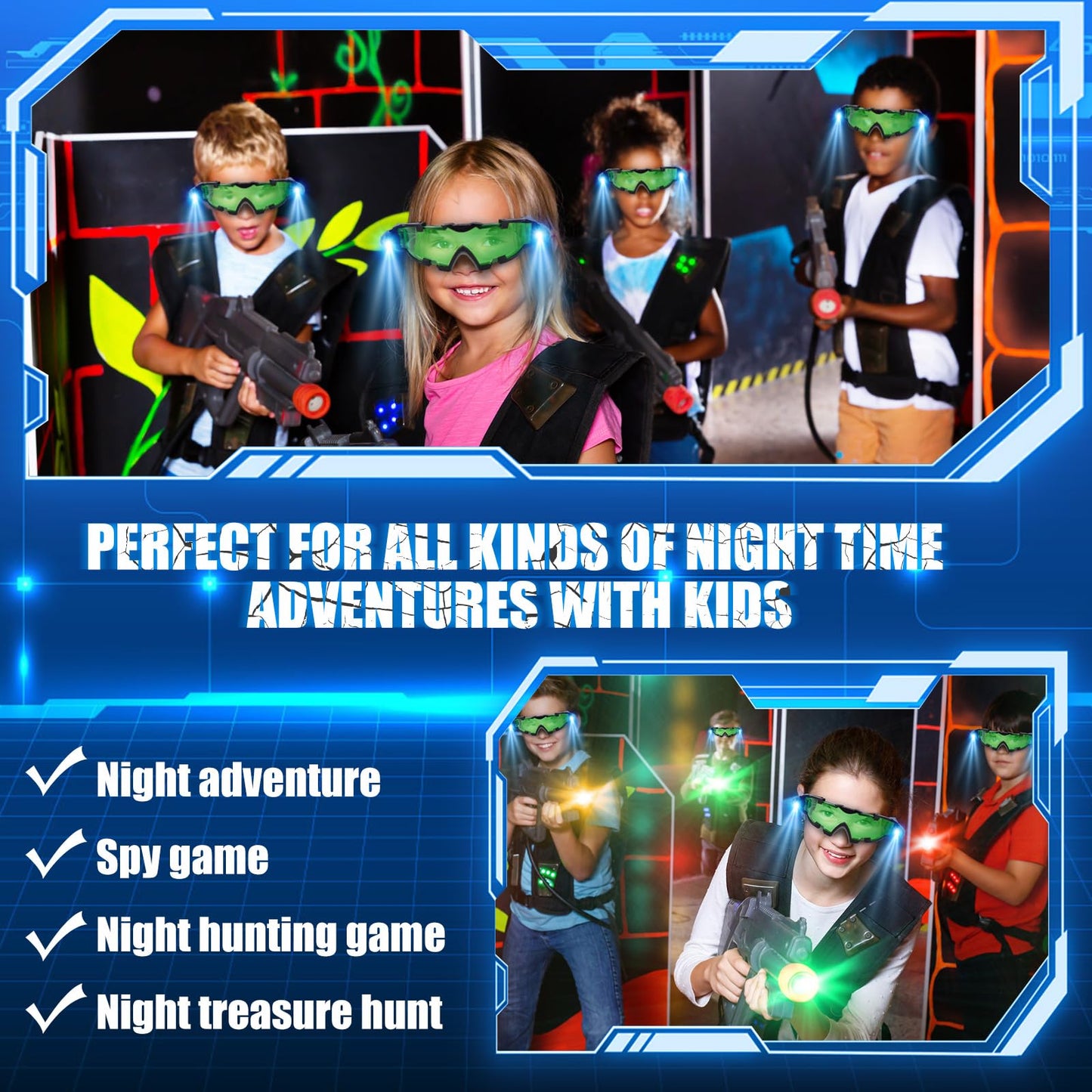 ALLOMN Spy Night Vision Goggles with Flip-Out, Adjustable Kids LED Night Green Lens Glasses for Hunting Racing Bicycling, Skying to Protect Eyes
