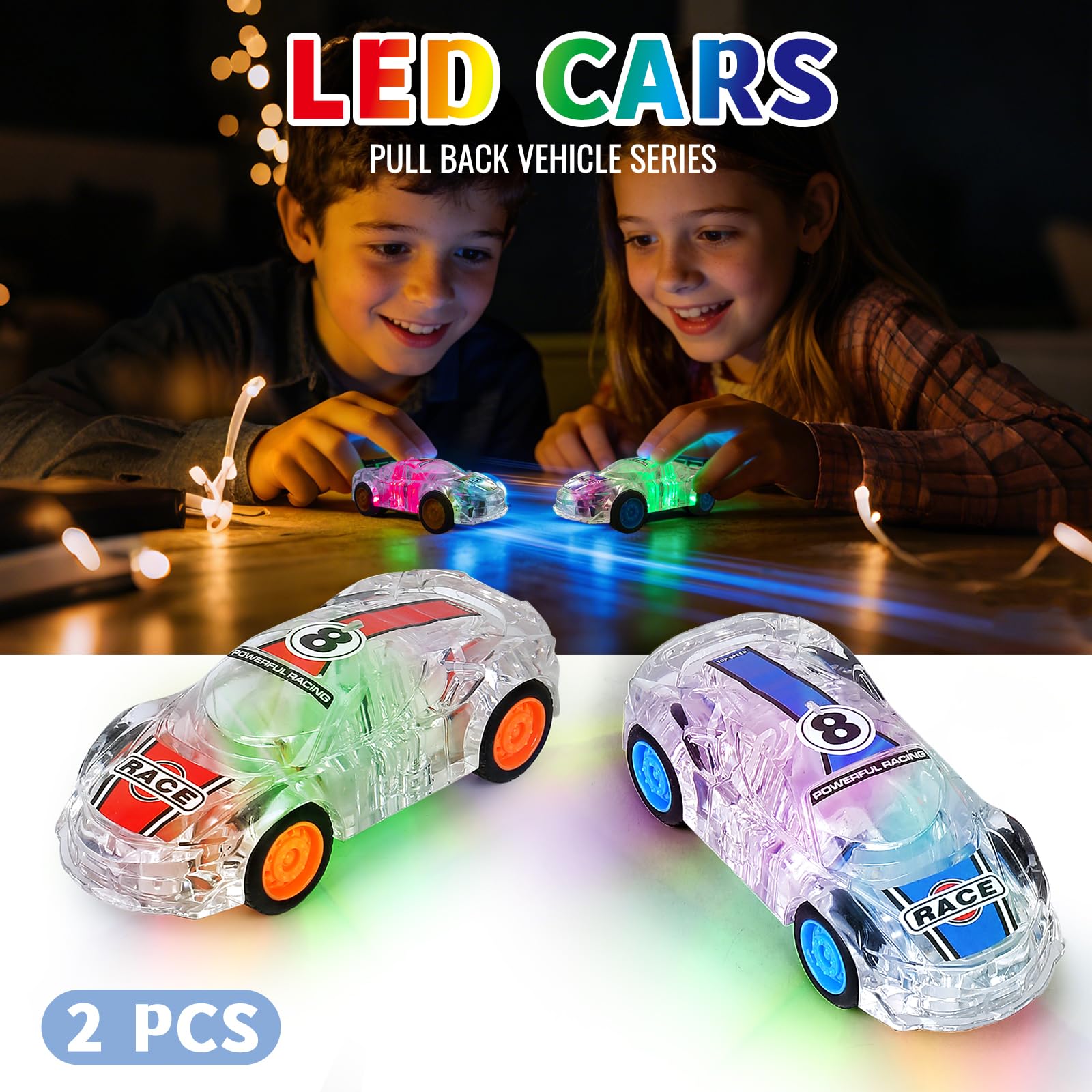 Qimicoocoo Race Cars Toys LED Light Up Kids Toys Pull Back Cars Set 3 4 5 6 7 8 Years Kids Birthday Party Gift