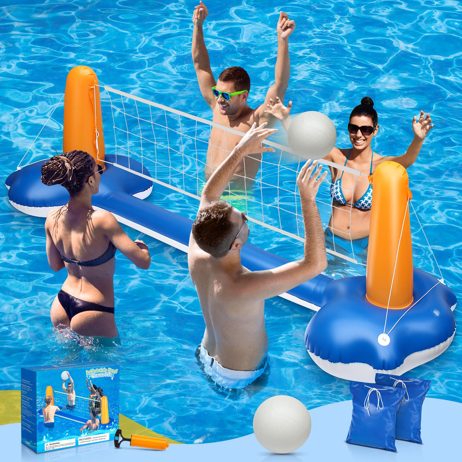 KIDDITOY ㅤ 118" Pool Volleyball Set - Inflatable Volleyball Court with 2 Weight Bags, Upgraded PVC Ball & Pump - Fun Pool Games for Adults & Family |