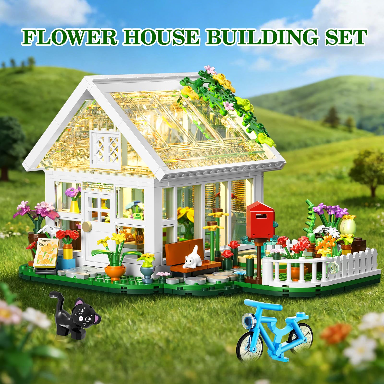 BUILDIFY Flower House Building Set with LED Light, Creative Greenhouse Building Toy Kits, Garden House City Street View Playset, Christmas Birthday