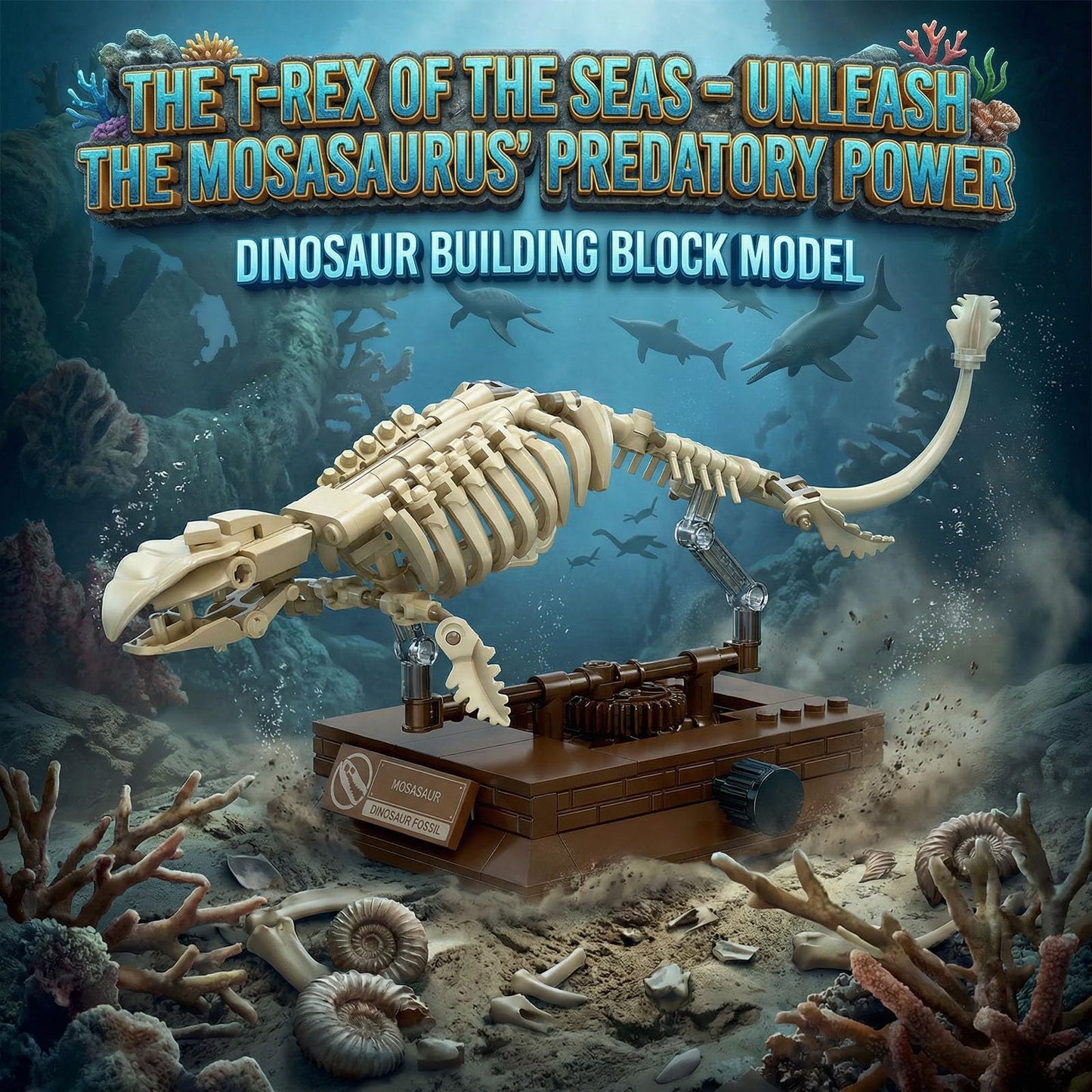 Myth Qholve Mosasaurus Dinosaur Fossil Building Set, 191PCS Movable Skeleton Model Kit with Museum Display Stand, Prehistoric Marine Reptile Building