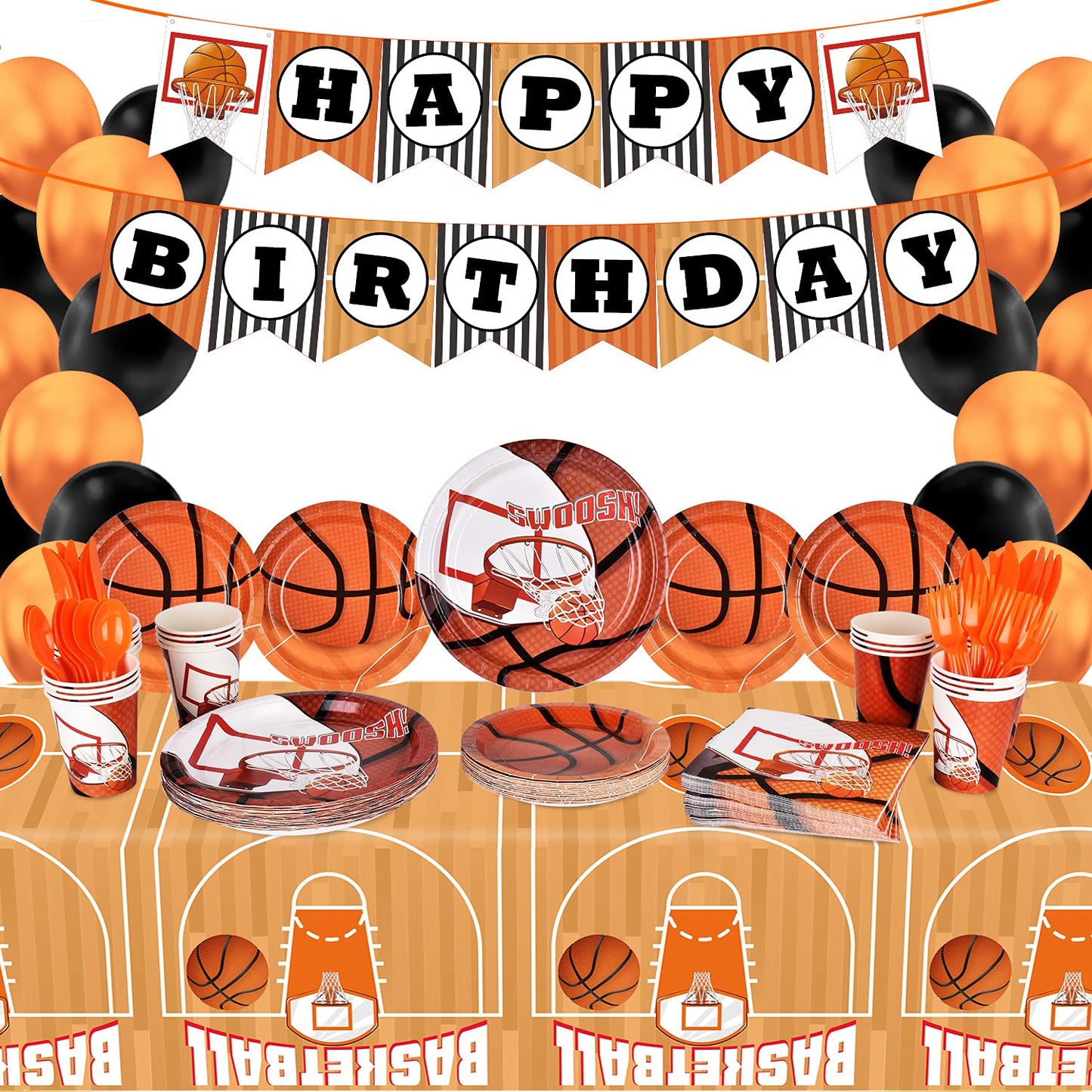 Gatherfun Basketball Party Supplies Paper Plates Napkins Cups Knives Forks Spoons with Balloons and Banner for Kids and Adult Birthday Party March
