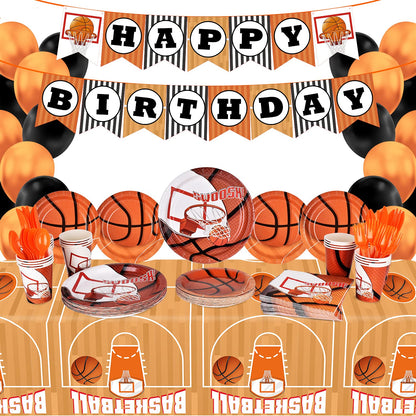 Gatherfun Basketball Party Supplies Paper Plates Napkins Cups Knives Forks Spoons with Balloons and Banner for Kids and Adult Birthday Party March