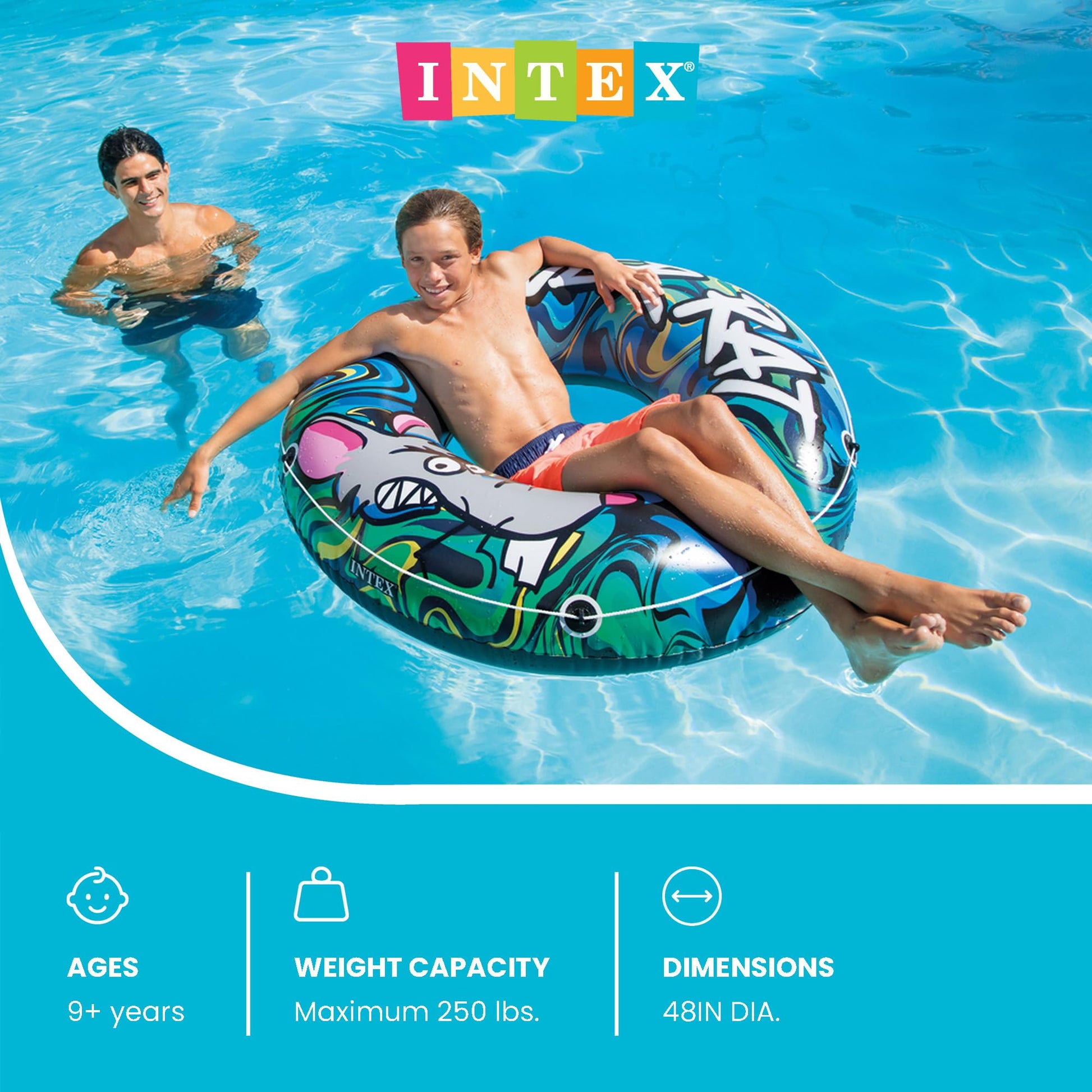 Intex River Rat 48 Inch Inflatable Vinyl Towable Boat Floating Tube Raft for Swimming Pool and Lake in Green Rat or Graffiti Rat Design, Color Varies
