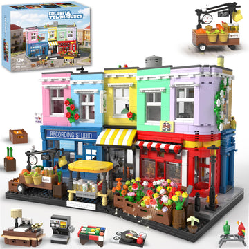 Colorful City Market Building Block Set, London Architecture Main Street Building set with Recording Studio, Coffee Shop, Bakery & Flower Shop, Mini