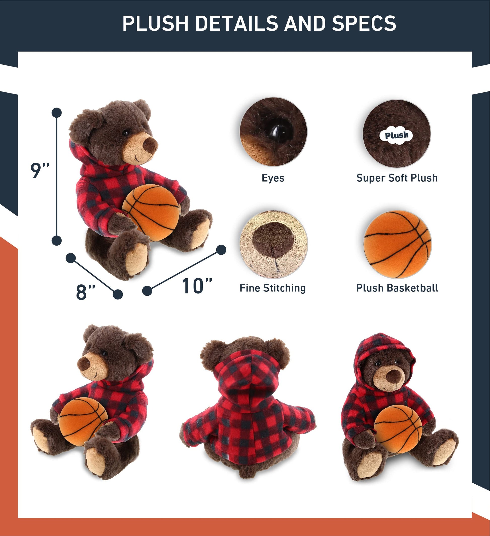 DolliBu Brown Bear Stuffed Animal with Basketball Plush - Super Soft Huggable Bear with Red Plaid Hoodie, Plush Toy Wildlife Gift for Kids and Adults