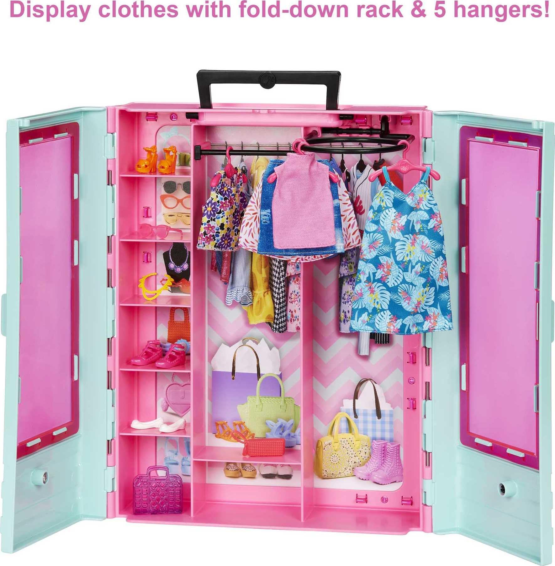 Barbie Closet Playset with 3 Outfits, 3 Pairs of Shoes, 2 Purses, Necklace and Sunglasses Accessories, 5 Hangars, Gift for 3 to 8 Years Old