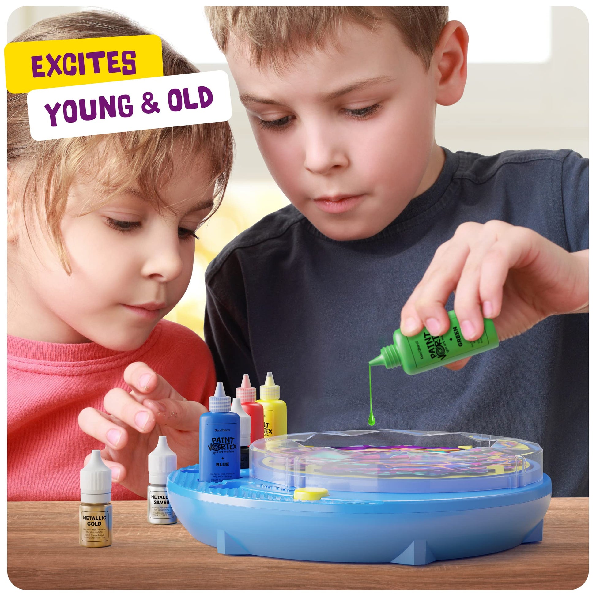 Dan&Darci Paint Vortex Spin Art Machine - Kids Art Kit for Boys & Girls Ages 6+, Motorized Spinner with Splash Guard, Metallic Paints & 20 Artboards