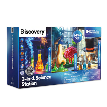 Discovery 3-in-1 Science Station for Kids| 84 Science Experiment Kit| Erupting Volcano, Glow Slime, Brain Dissection, Magic Potions| STEM Chemistry