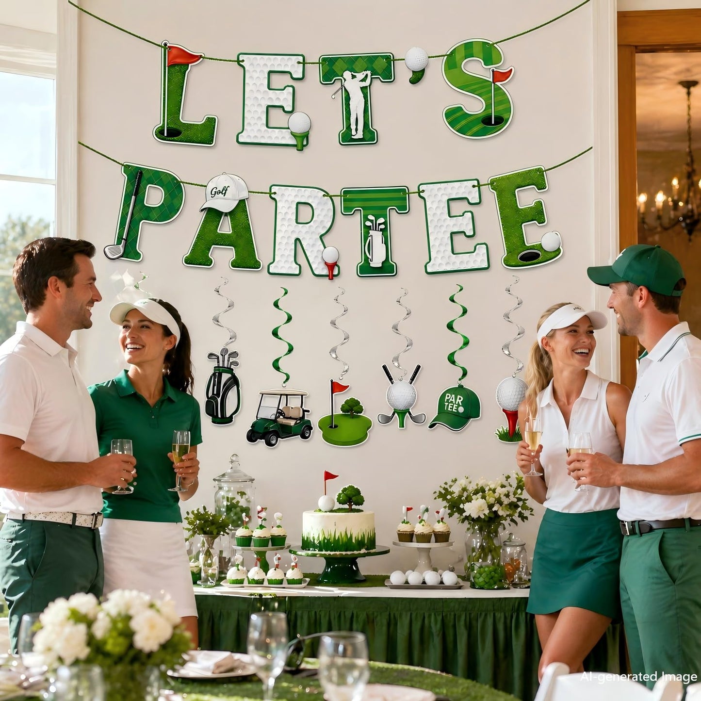 Golf Birthday Decorations - Golf Birthday Banner and 6 Hanging Swirls