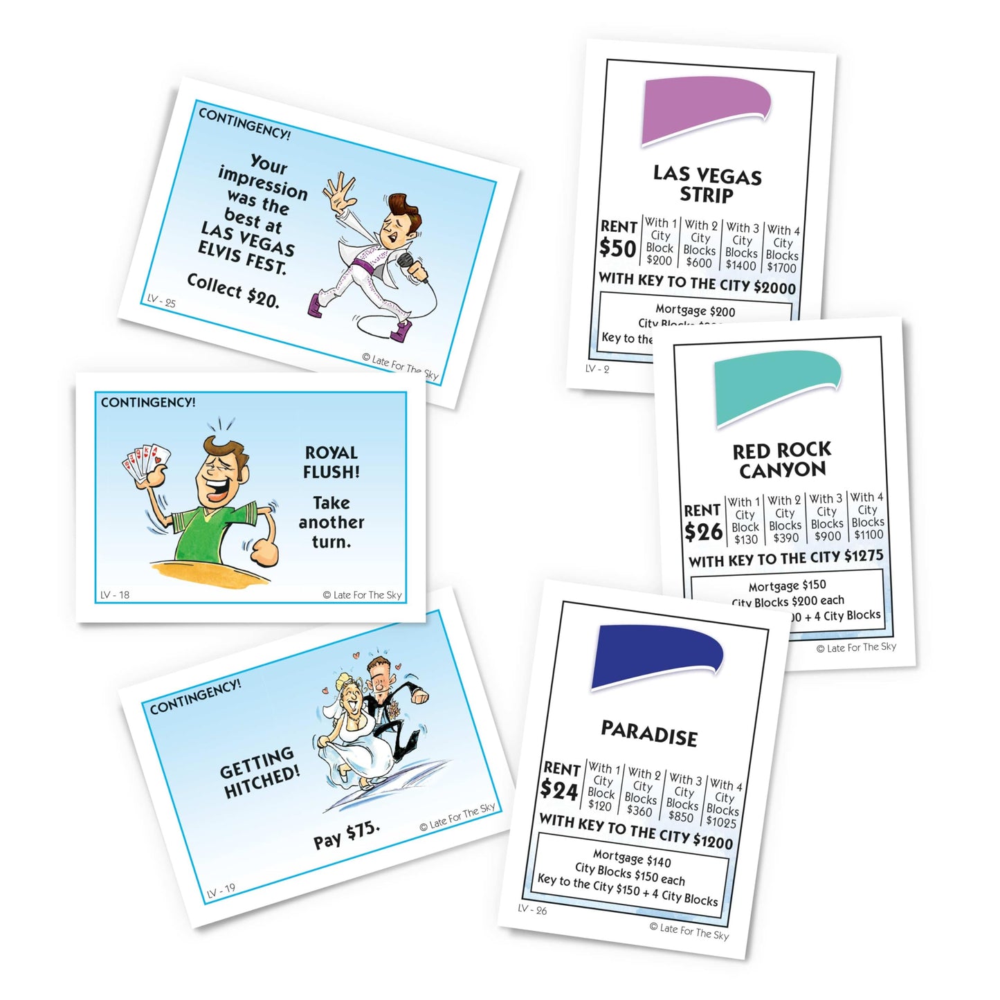 Late for The Sky Las Vegas-Opoly Property Trading Board Game - Vegas Theme Family Party Game for 2-6 Players Ages 8+, Tokens, Dice, Cards, City Blocks
