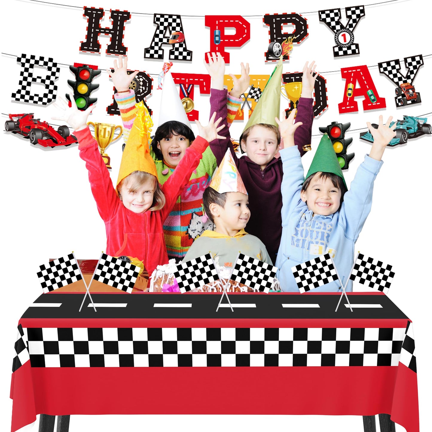 Race Car Party Decorations Happy Birthday Banner Hot Race Cars Tablecloths